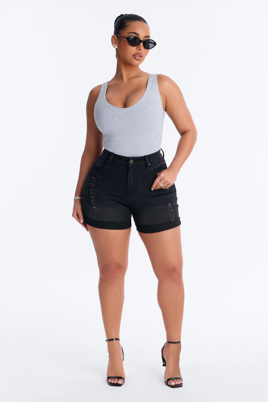 Heaven Sent Cuffed Denim Mom Shorts - Black Wash