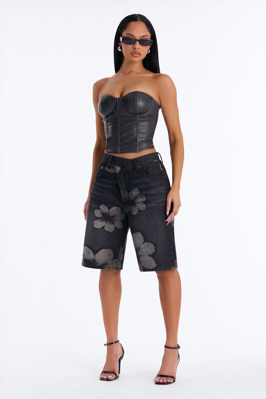 Born To Bloom Crossover Denim Jorts - Black Wash