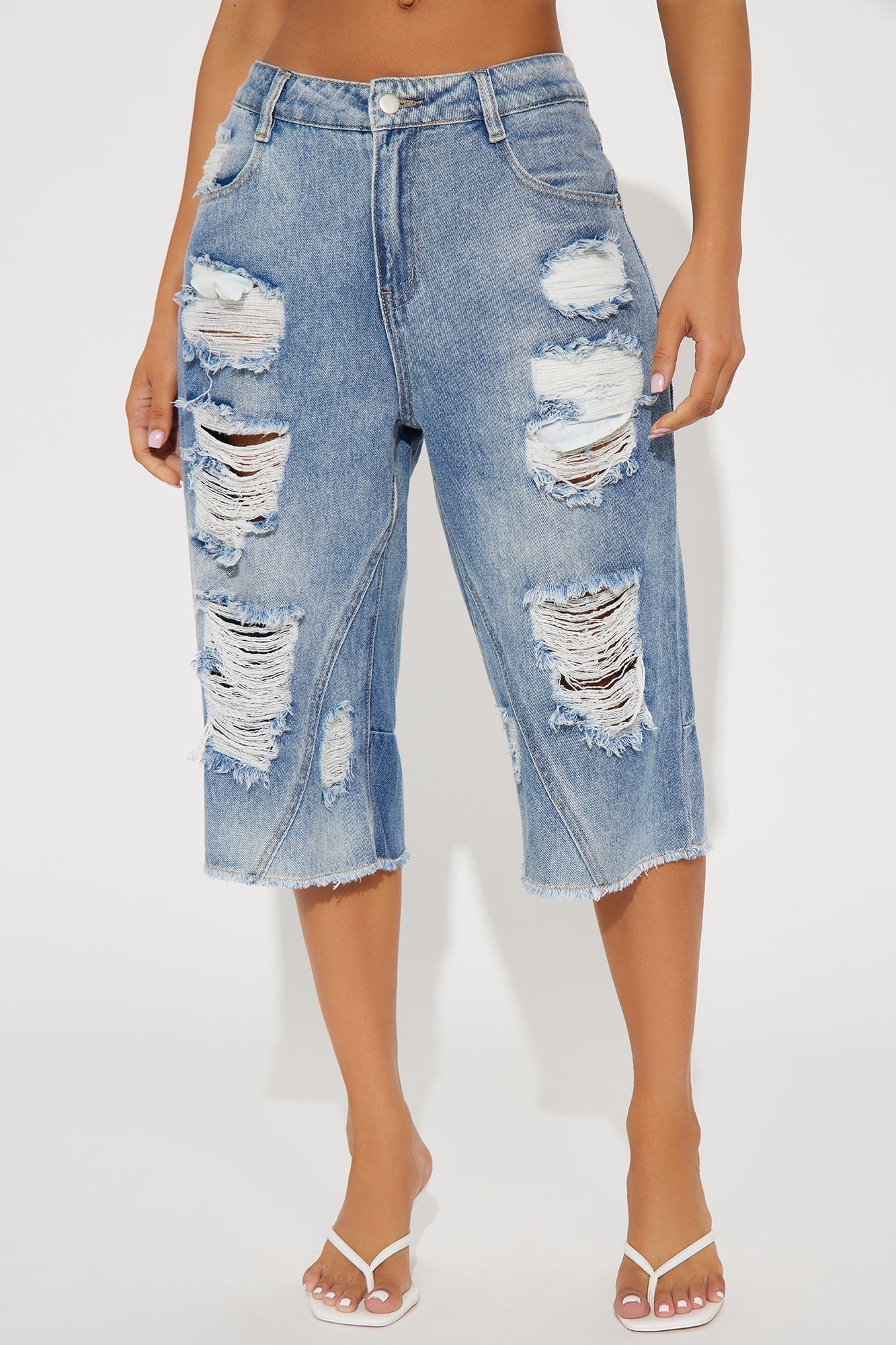 Blythe Non Stretch Ripped Denim Jorts - Light Wash
