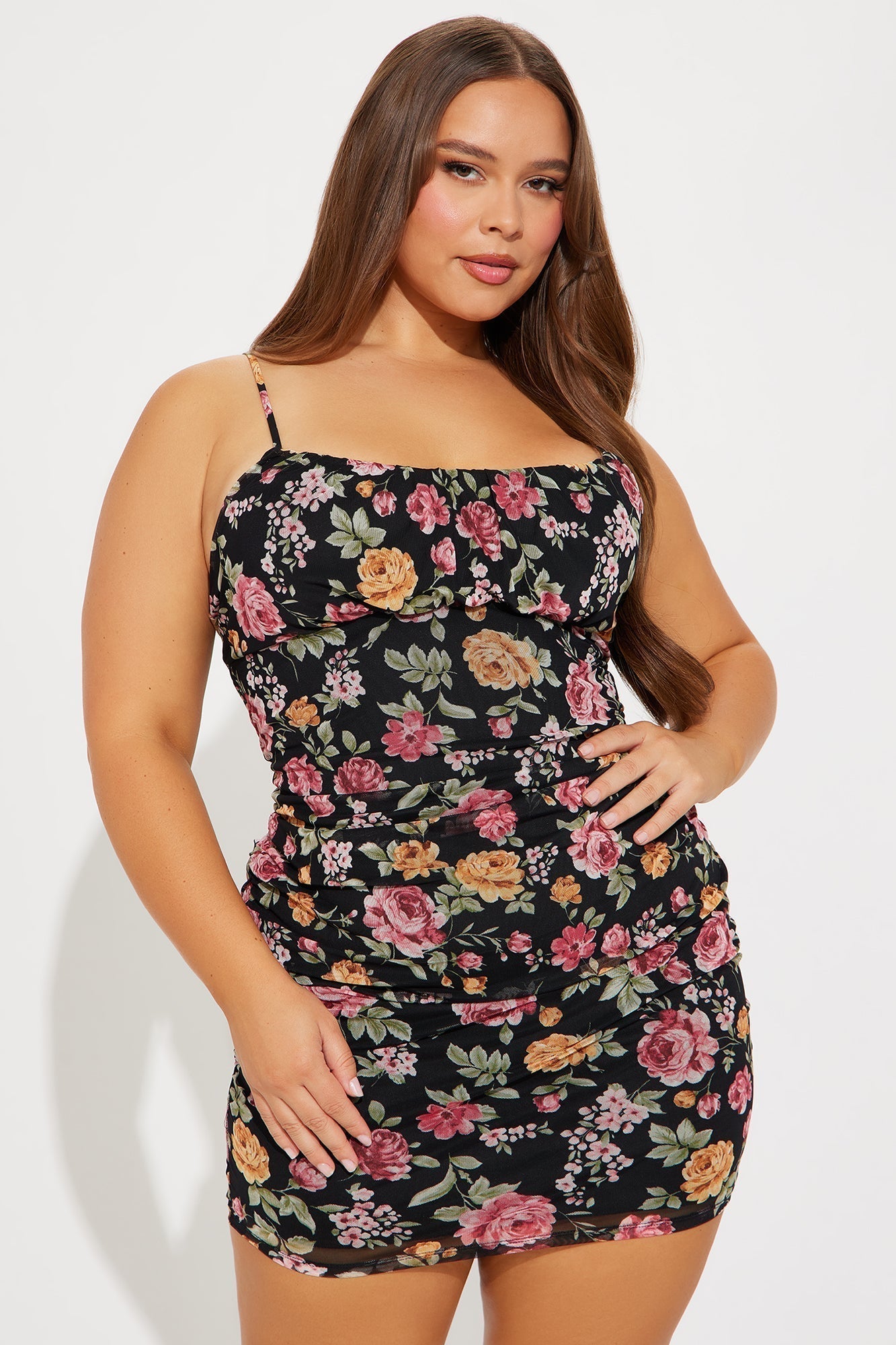 Floral Mesh Mini Dress - Black