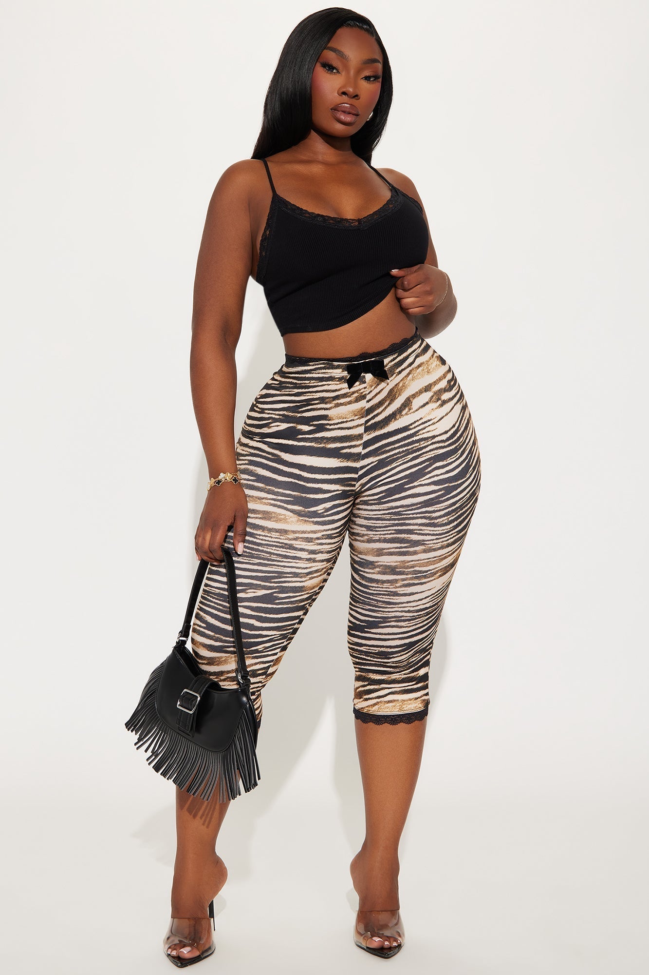Florentina Lace Trim Capri Legging - Tan/Multi