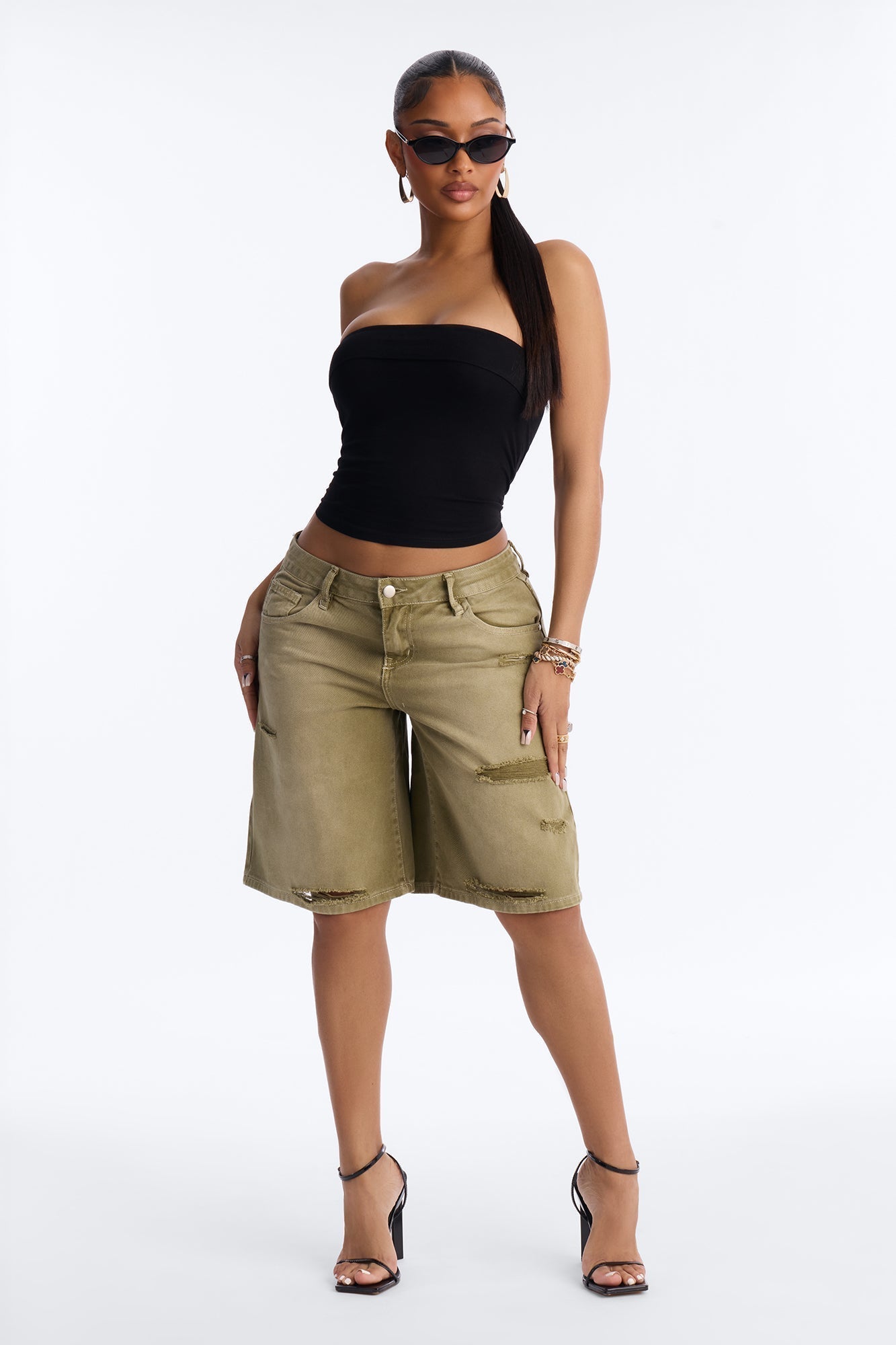 Skater Girl Ripped Denim Jorts - Olive