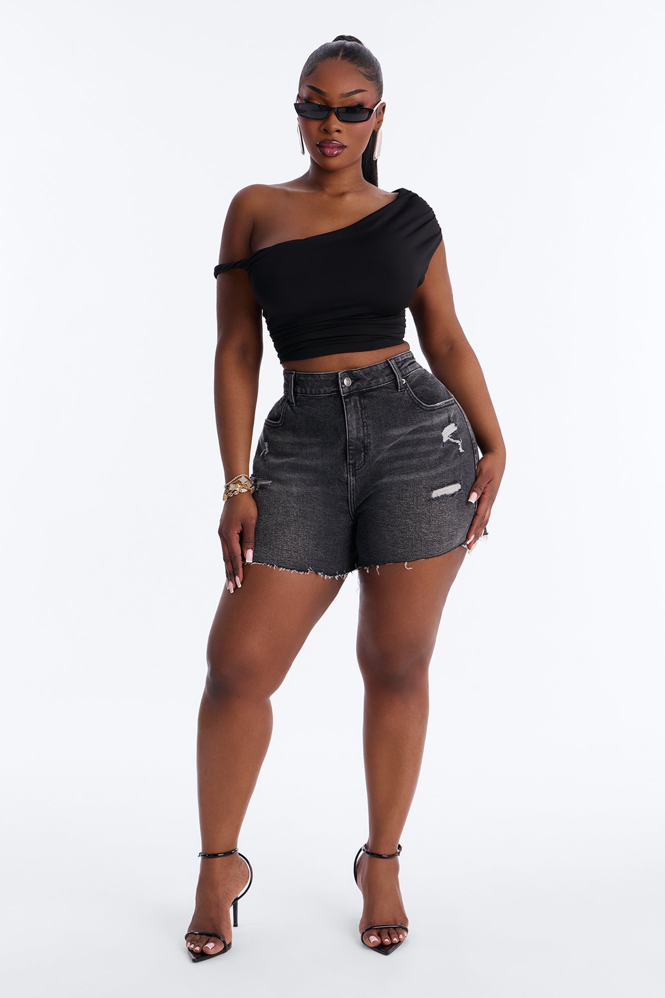 Emelia Stretch Cut Off Denim Shorts - Grey
