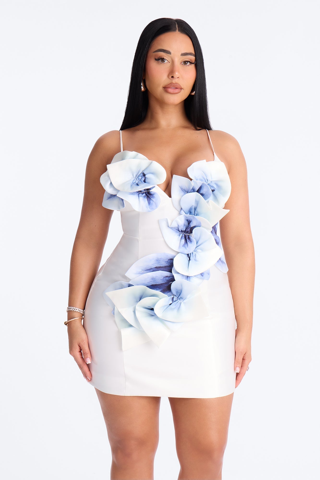 Zoey Floral Satin Mini Dress - White/Blue