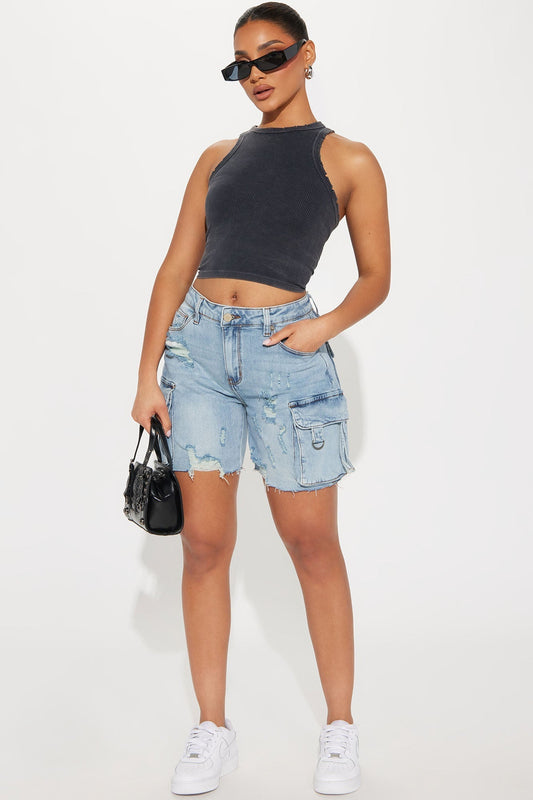 Find A Way Stretch Cargo Denim Shorts - Light Wash