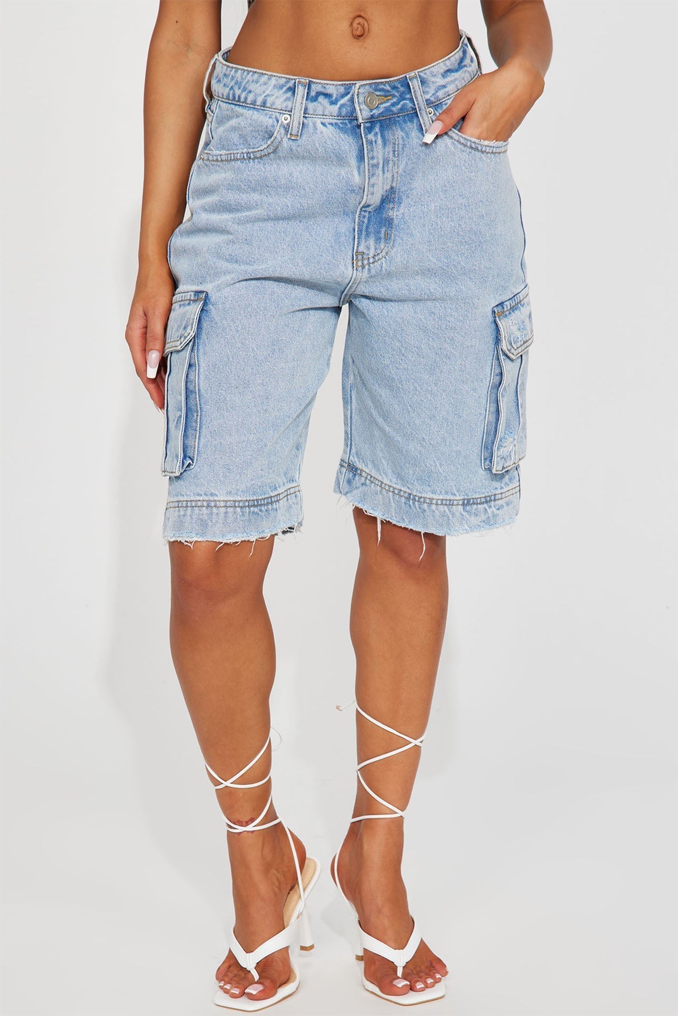 In High Demand Non Stretch Cargo Bermuda Shorts - Light Wash