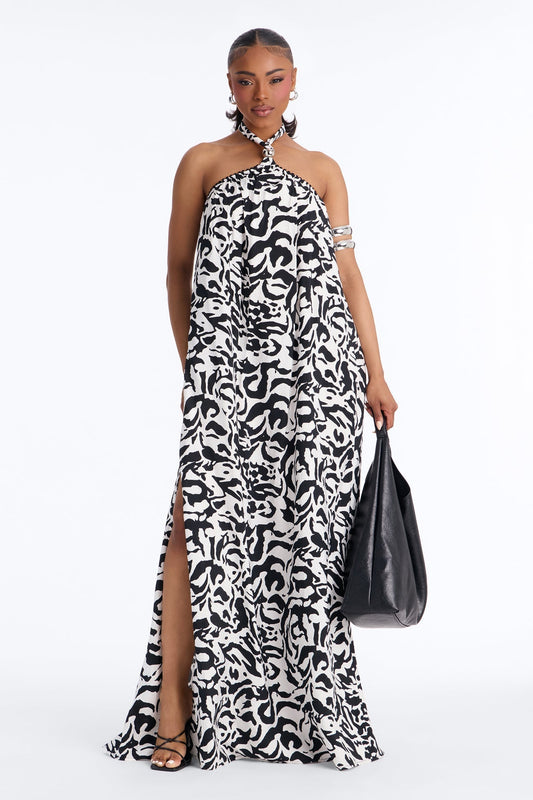 Gracelyn Halter Backless Maxi Dress - Black/White