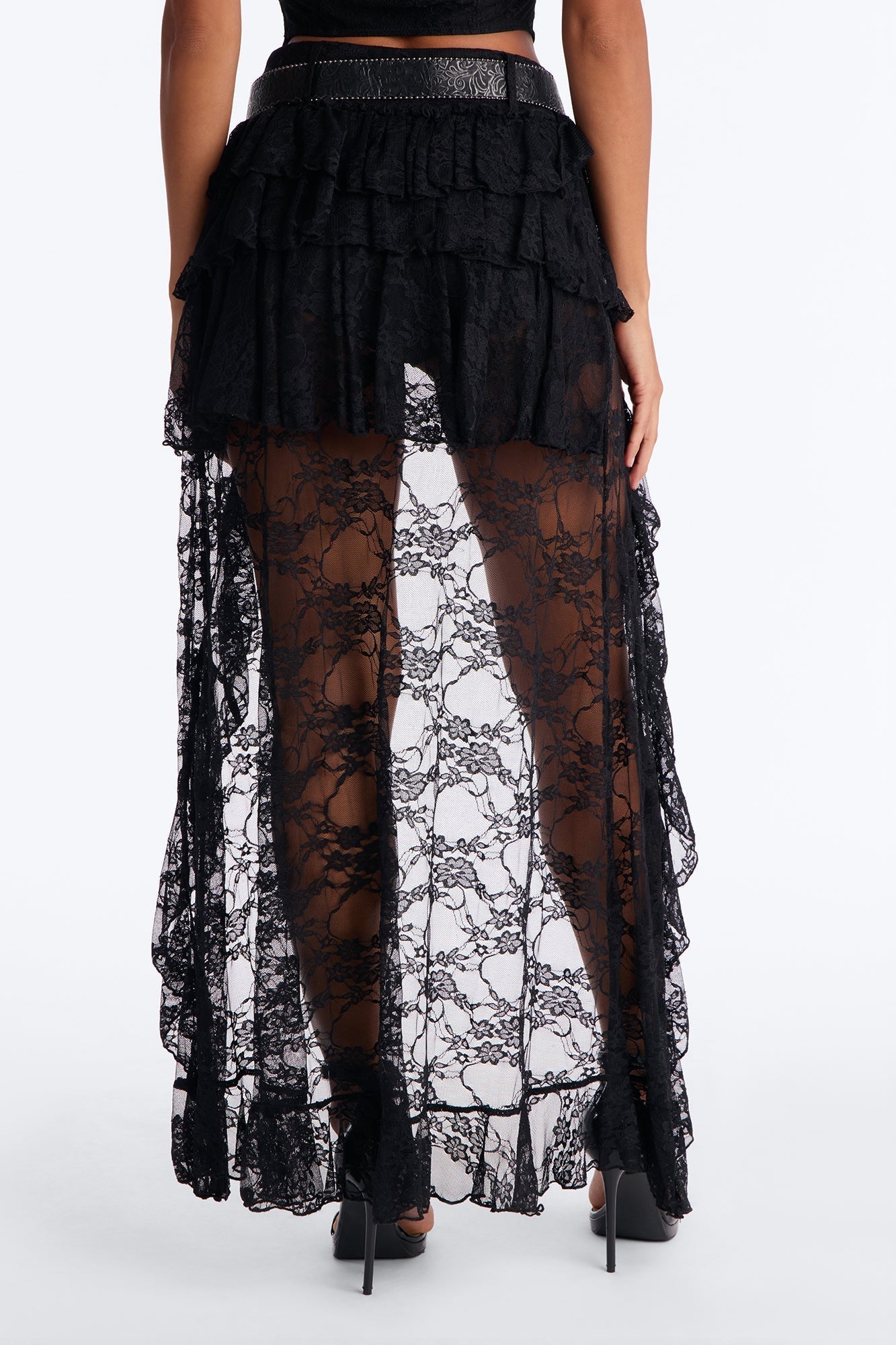 Stolen Moments Belted Lace High Low Skort - Black