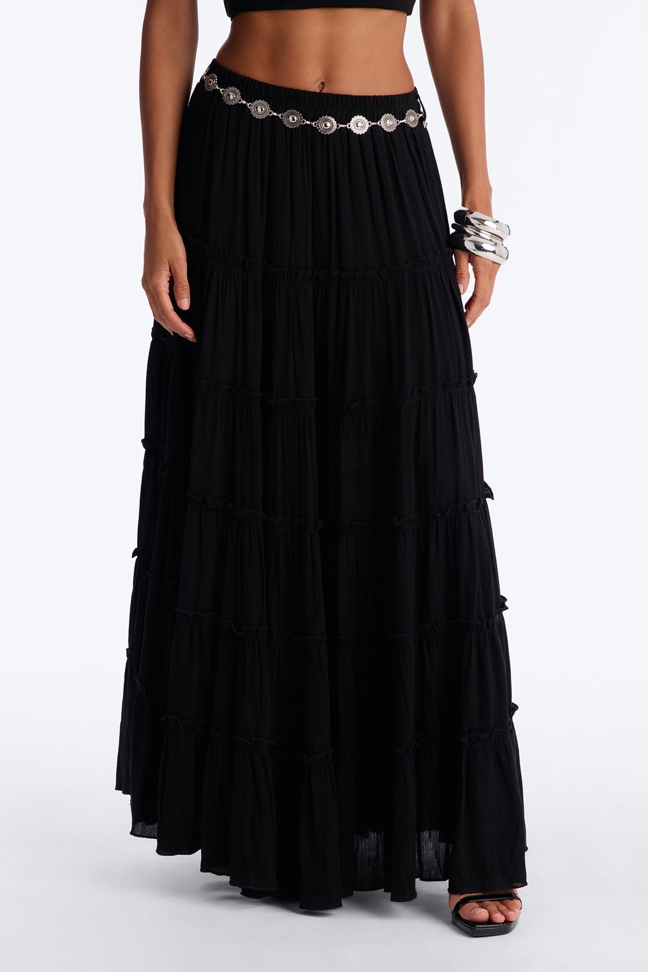 Free Spirit Low Rise Belted Tiered Maxi Skirt - Black