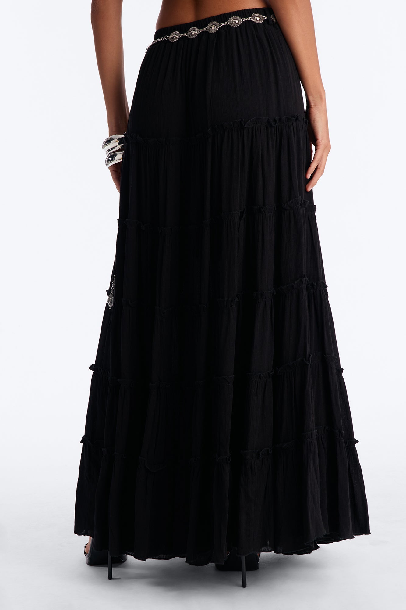 Free Spirit Low Rise Belted Tiered Maxi Skirt - Black