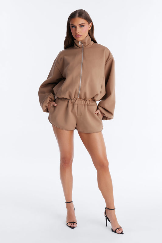 Nayeli Scuba Mid Rise Bubble Shorts - Khaki