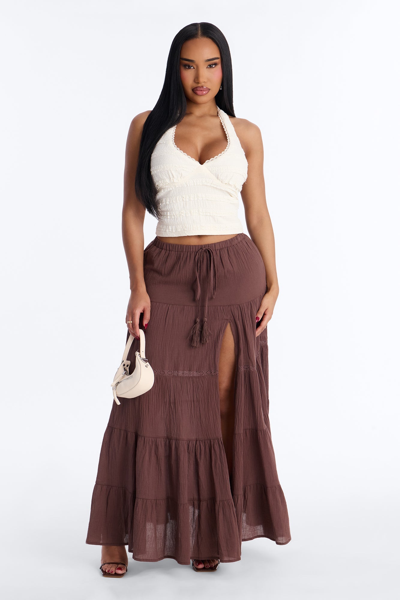 Bohemian High Slit Tiered Gauze Maxi Skirt - Brown