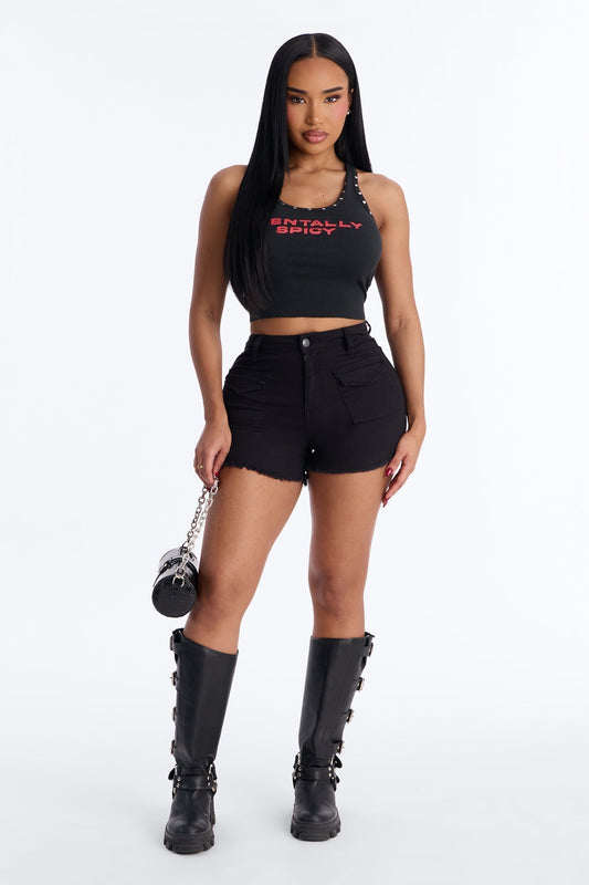 Call The Shots Stretch Denim Cut Off Shorts - Black
