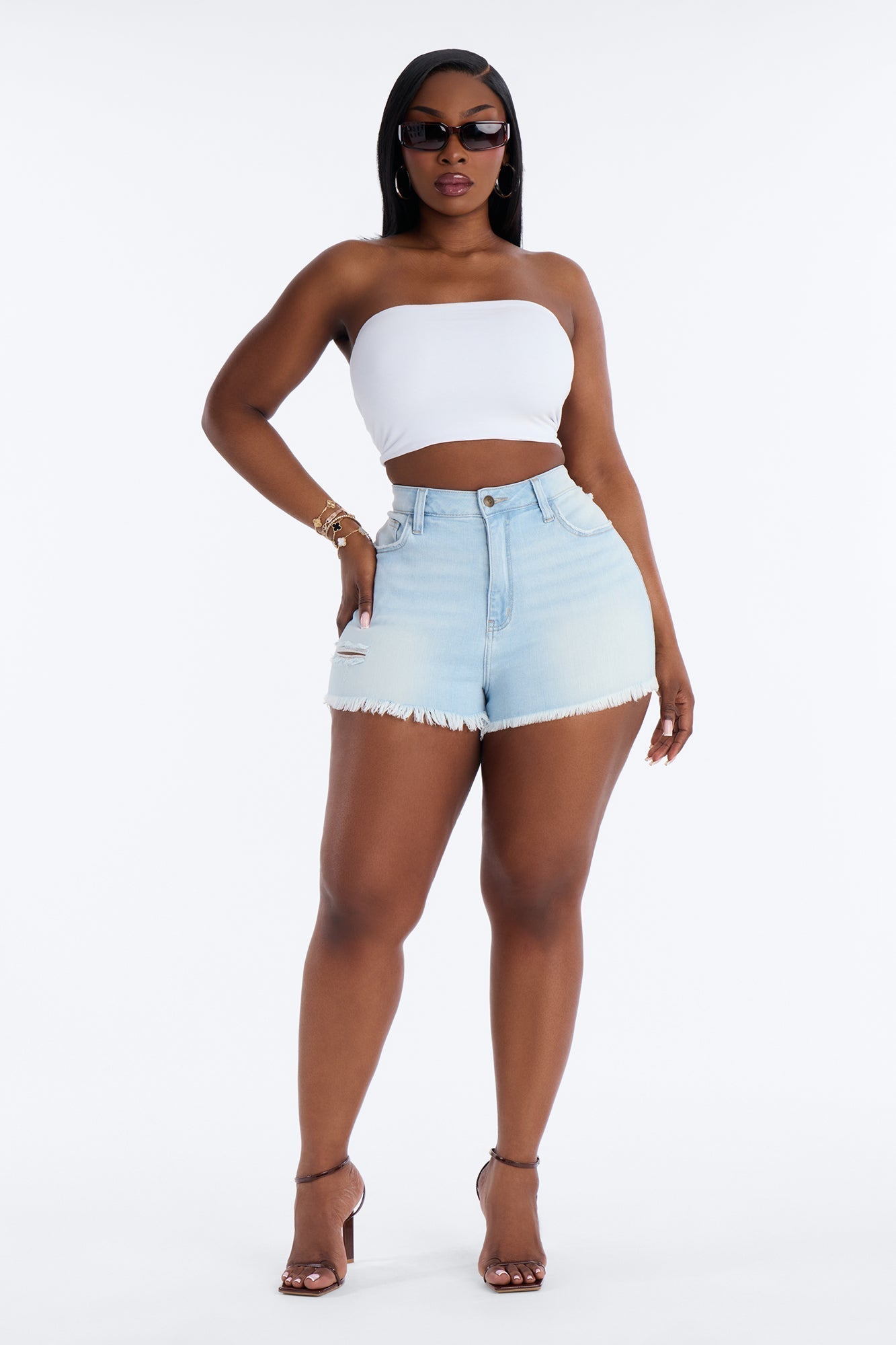Up To You Stretch Cut Off Denim Shorts - Light Blue Wash