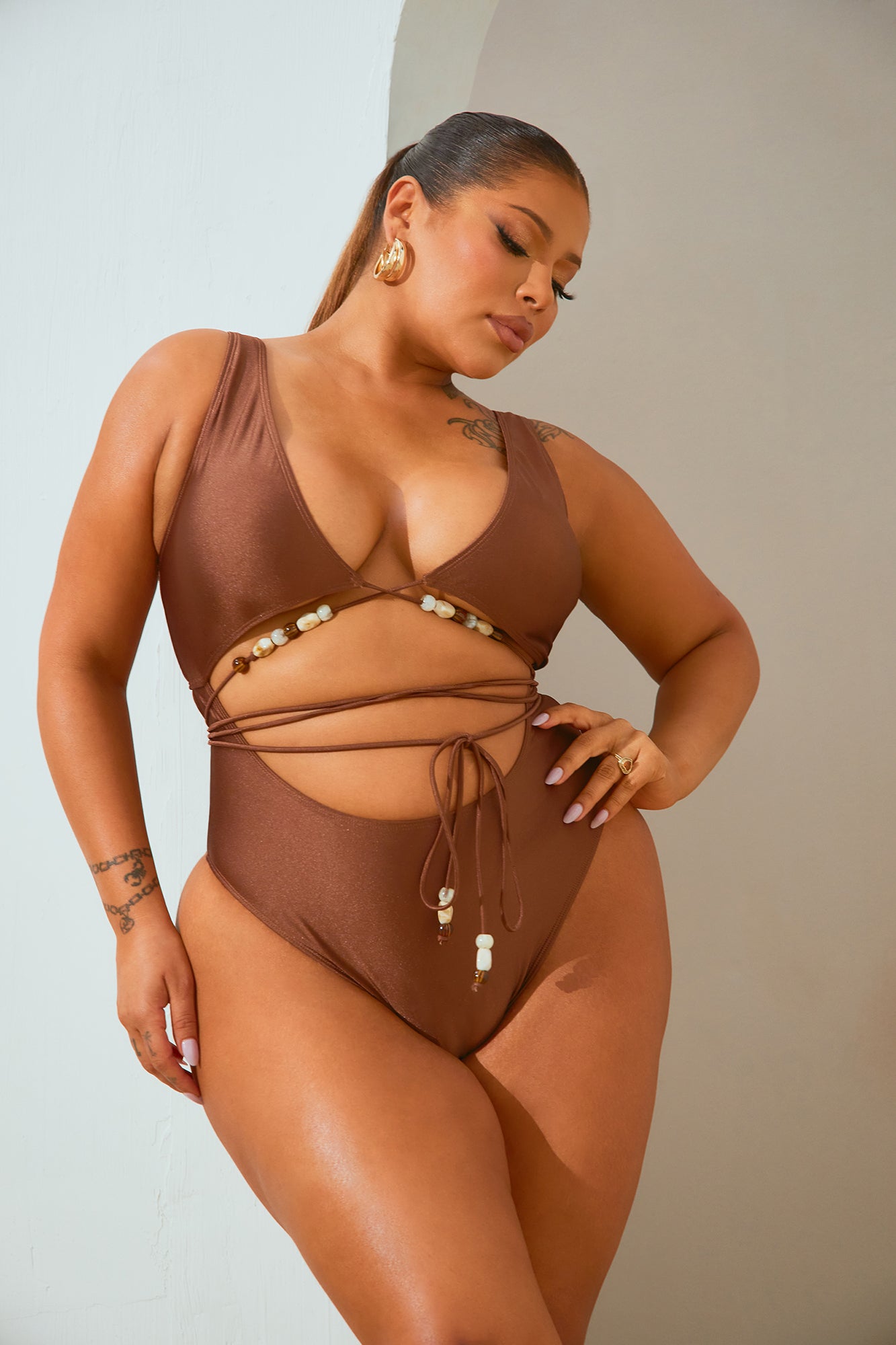 Pebble Beach Beaded 1 Piece Swimsuit - Chocolate