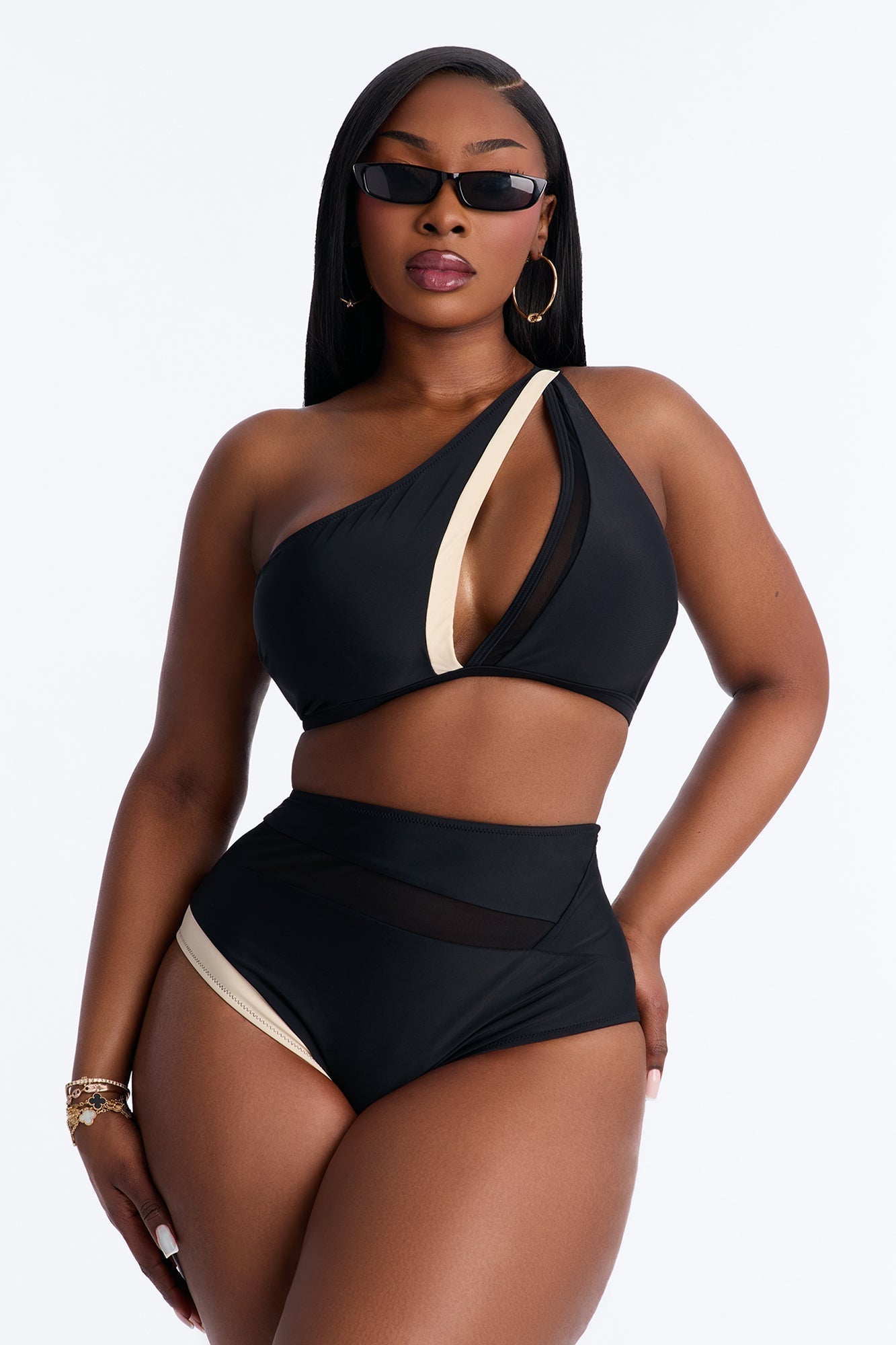 Marie One Shoulder Contrast 2 Piece Bikini - Black/White