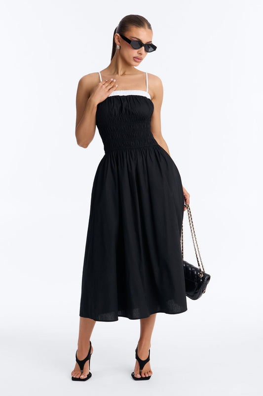Sabrina Ruched Poplin Midi Dress - Black/White