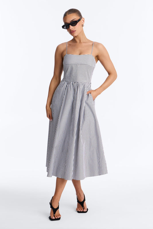 Sadie Striped Poplin Midi Dress - Black/White