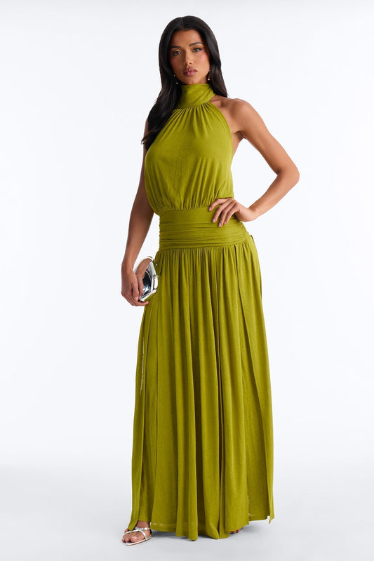 Bianca Halter Mock Neck Maxi Dress - Chartreuse