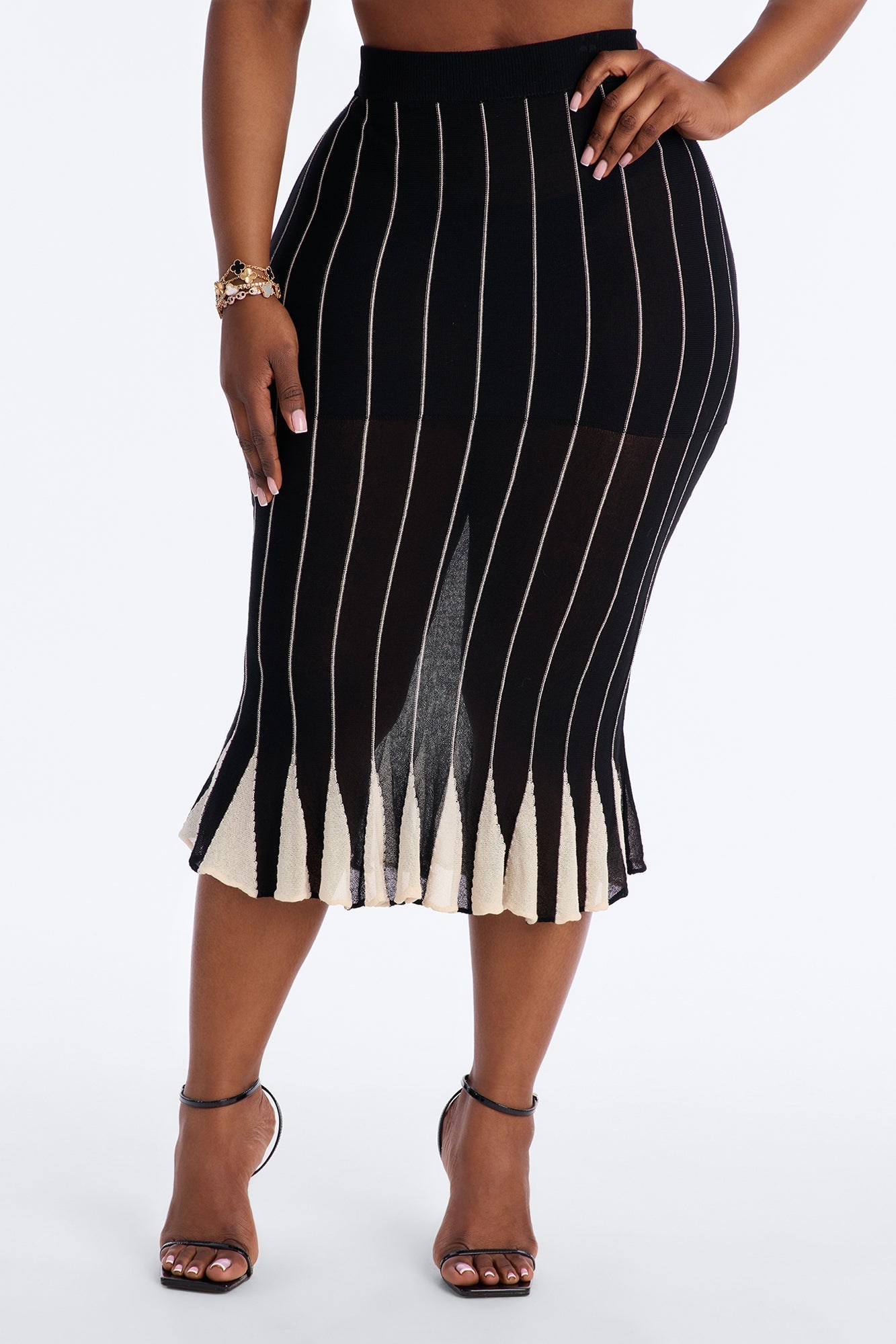 Lizette Stiped Flare Midi Skirt - Black/combo
