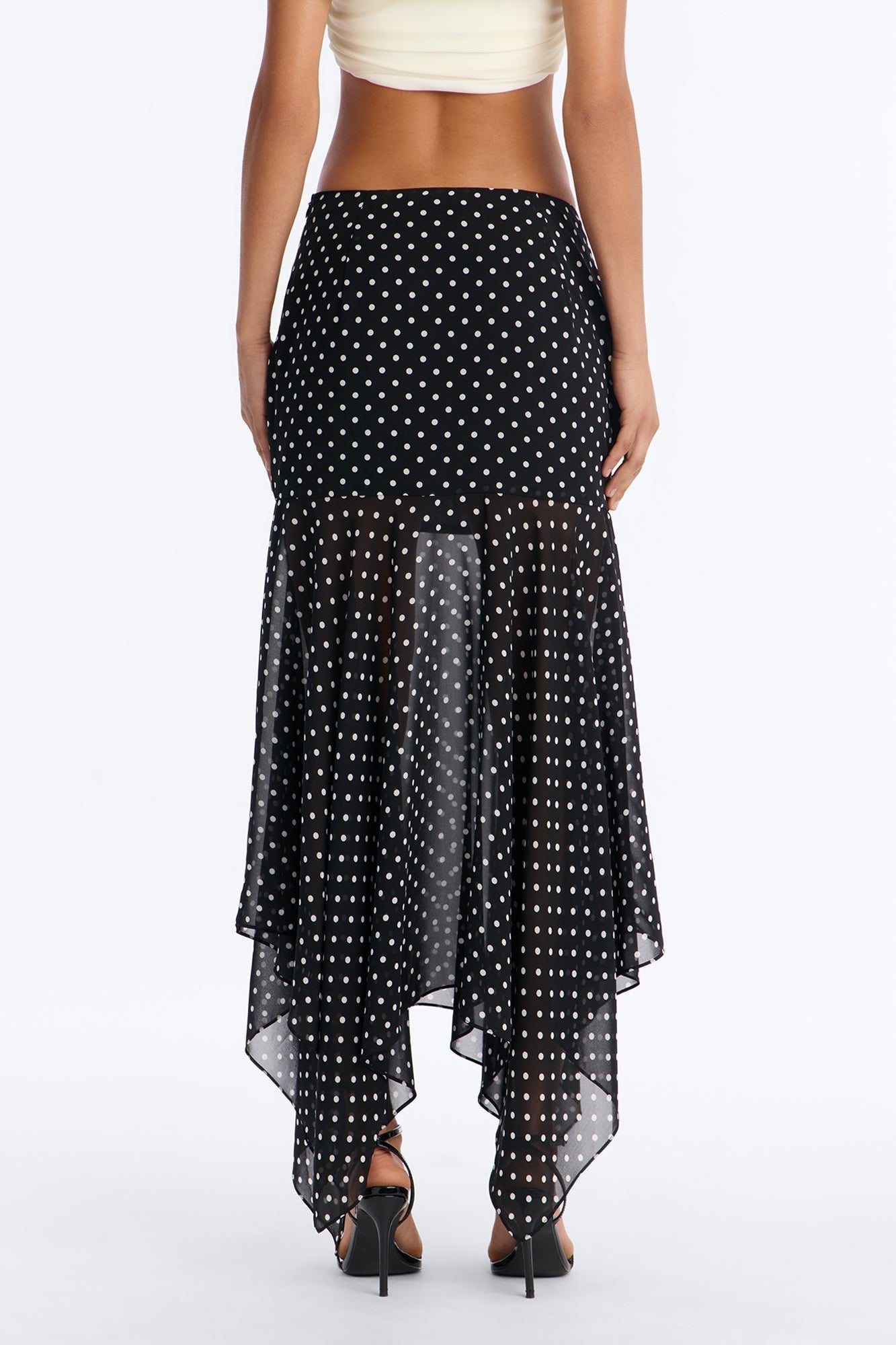 On The Dot Asymmetrical Chiffon Polka Dot Maxi Skirt - Black/White