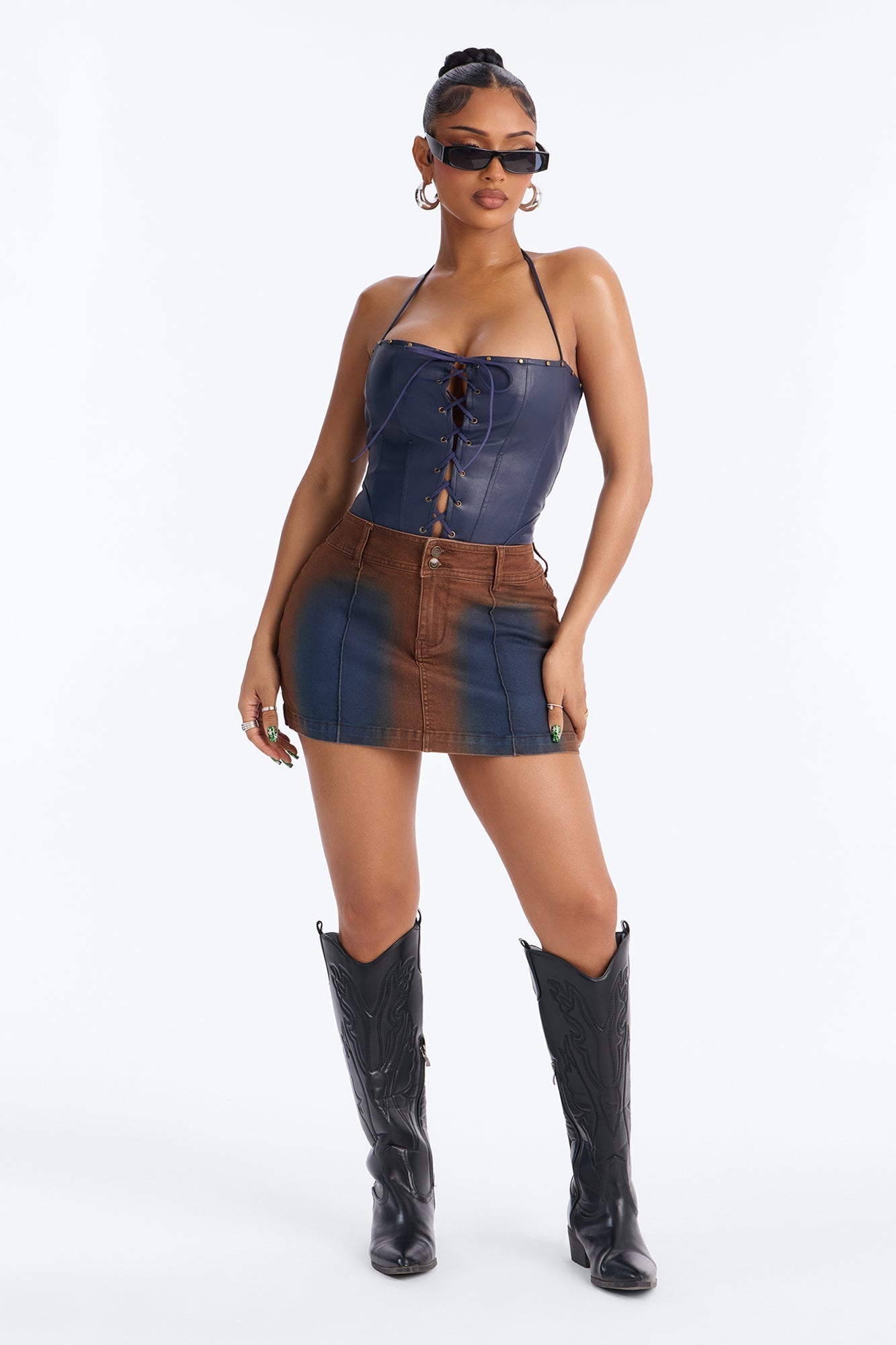Match My Aura Tinted Denim Mini Skirt - Brown/combo