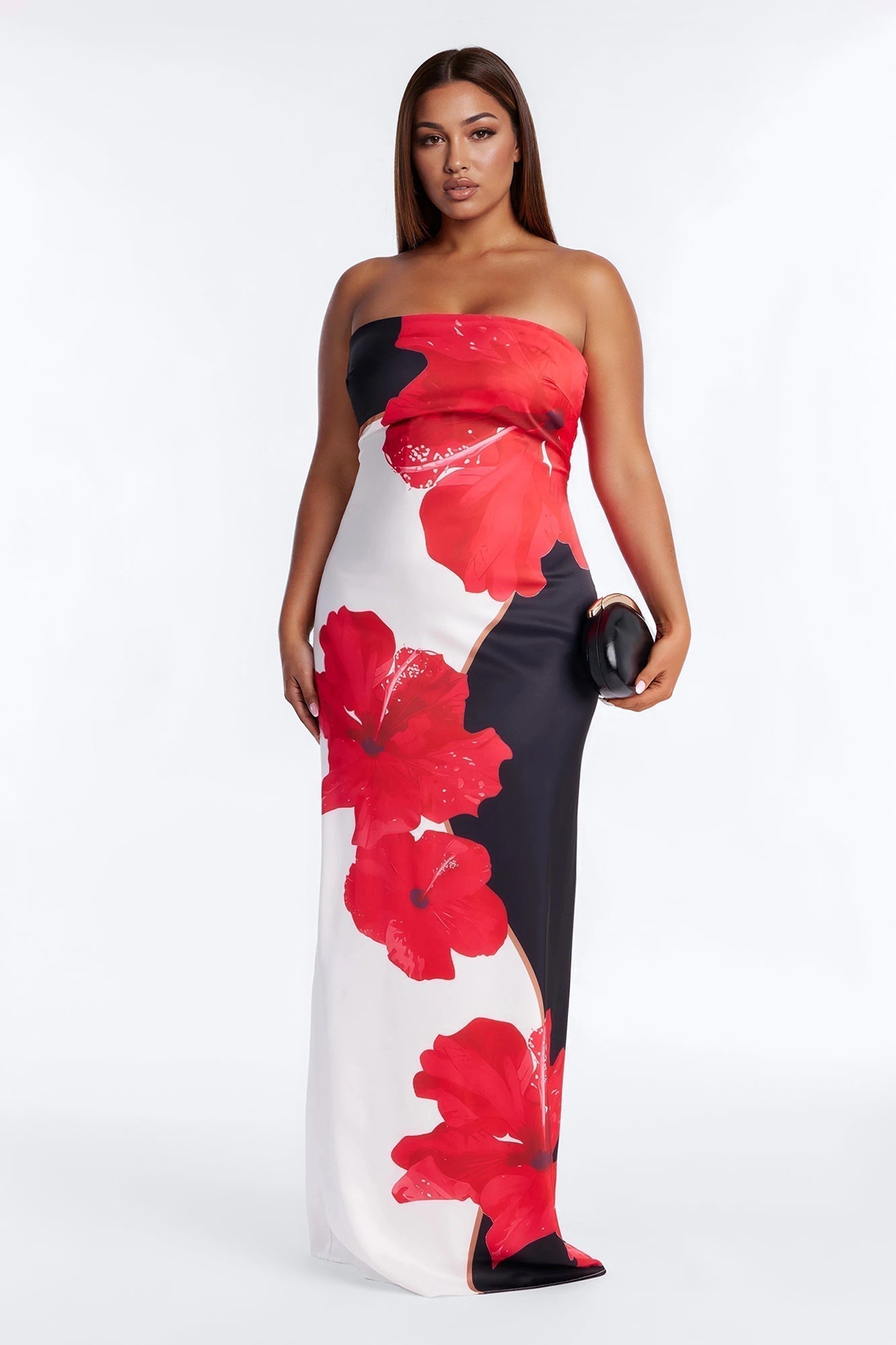 Kianna Strapless Satin Maxi Dress - Red/combo