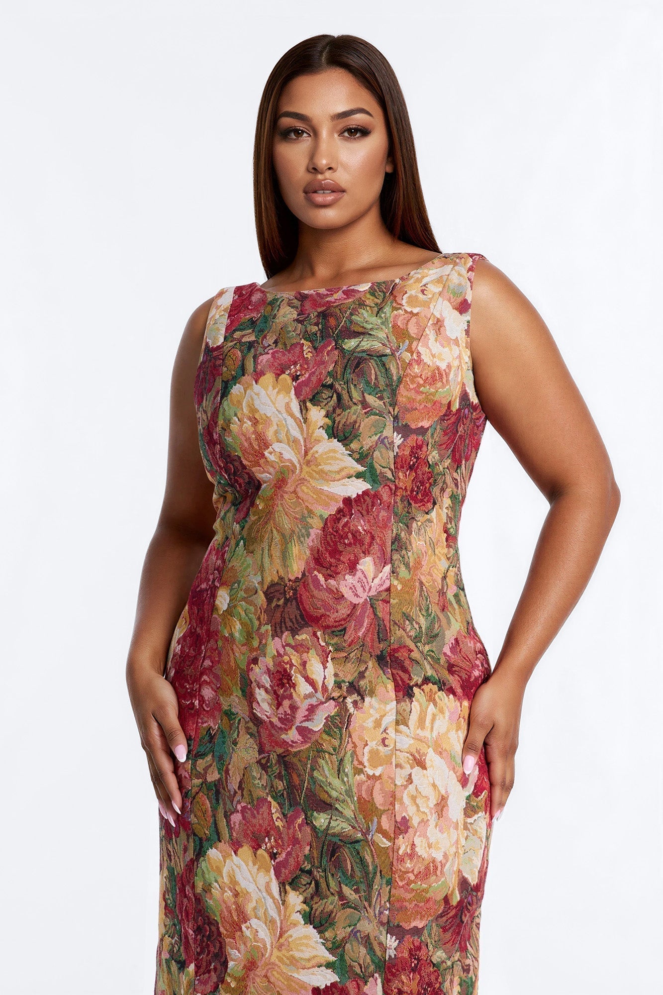Brittany Floral Jacquard Midi Dress - Burgundy/combo