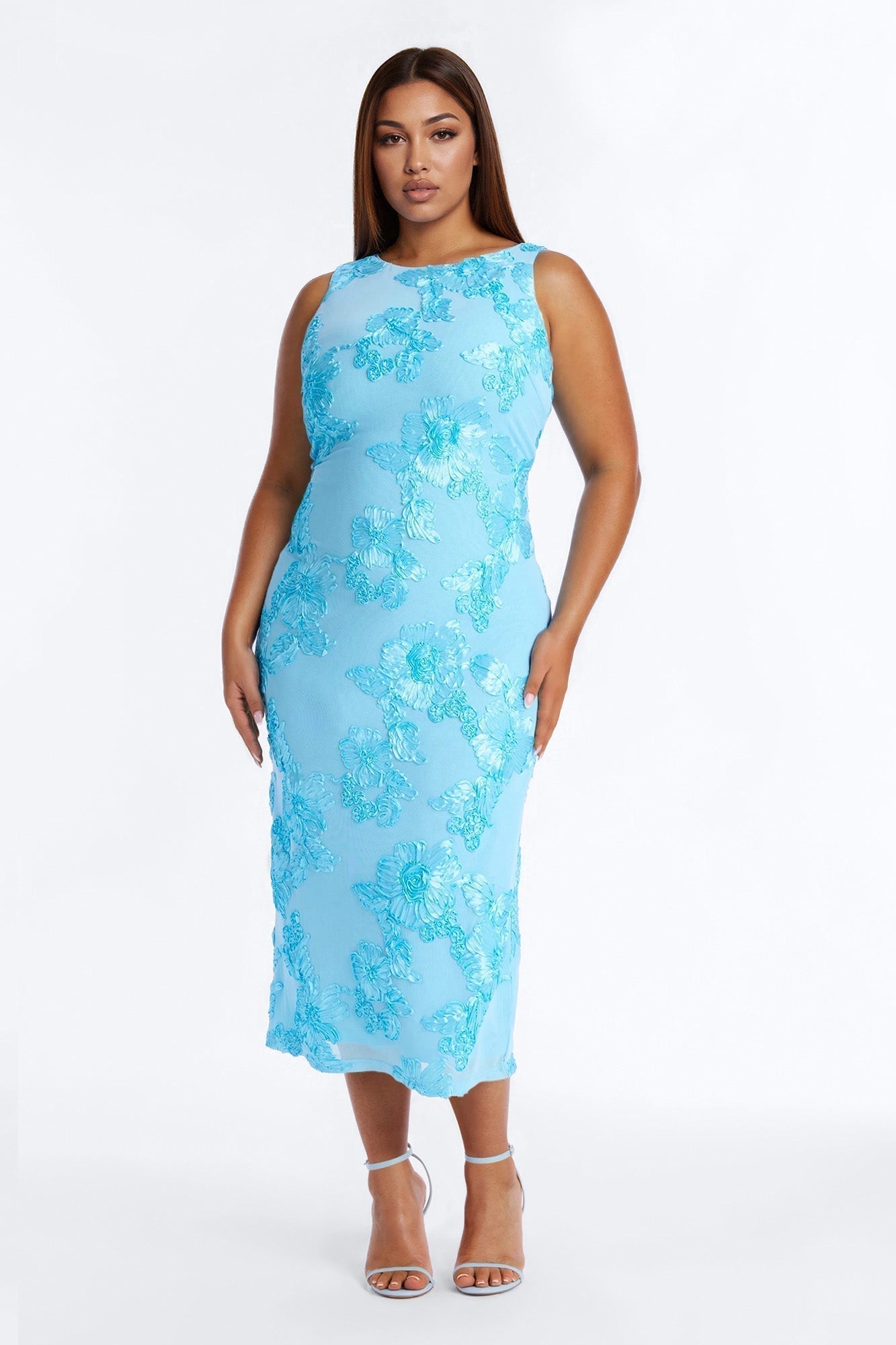 Jamie Embroidered Mesh Midi Dress - Blue