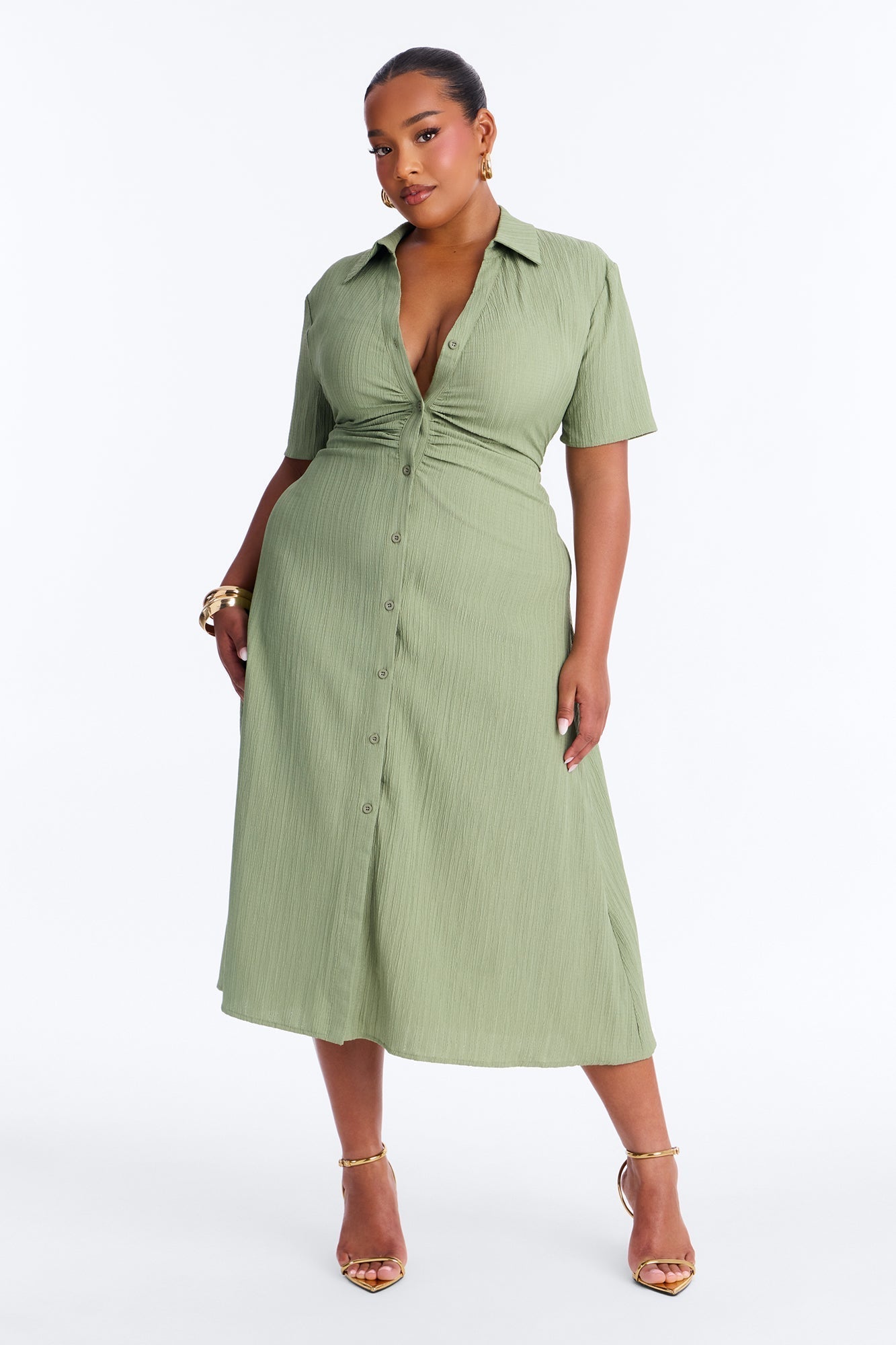Carmen Ruched Shirt Midi Dress - Olive