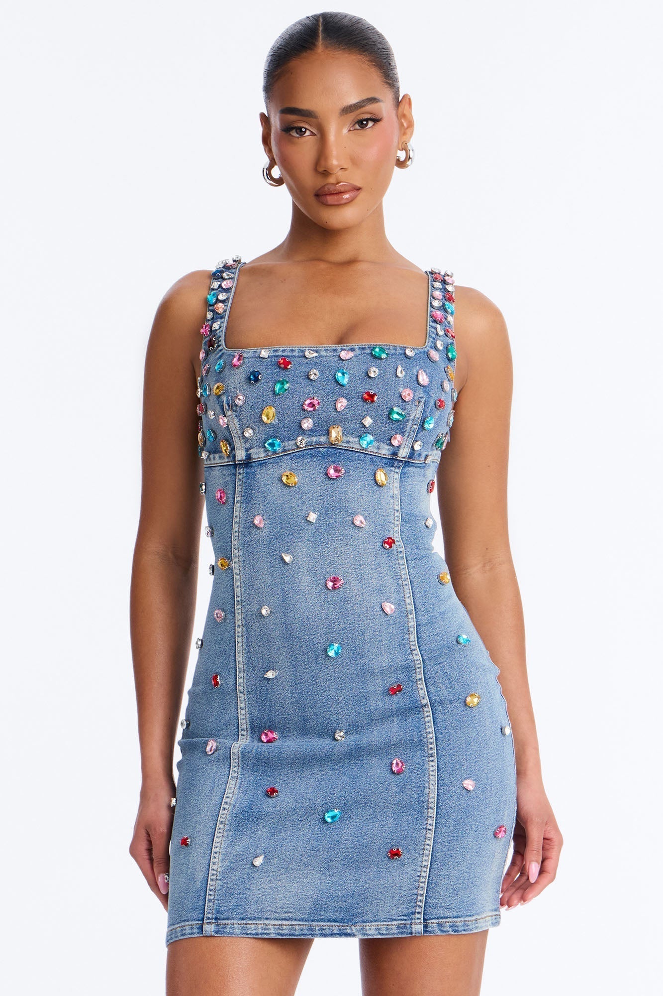 What A Gem Rhinestone Denim Mini Dress - Denim