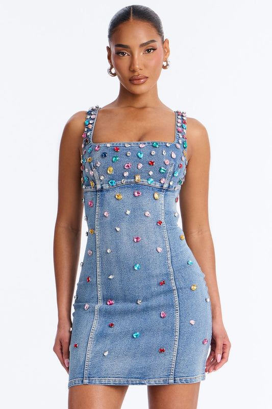 What A Gem Rhinestone Denim Mini Dress - Denim