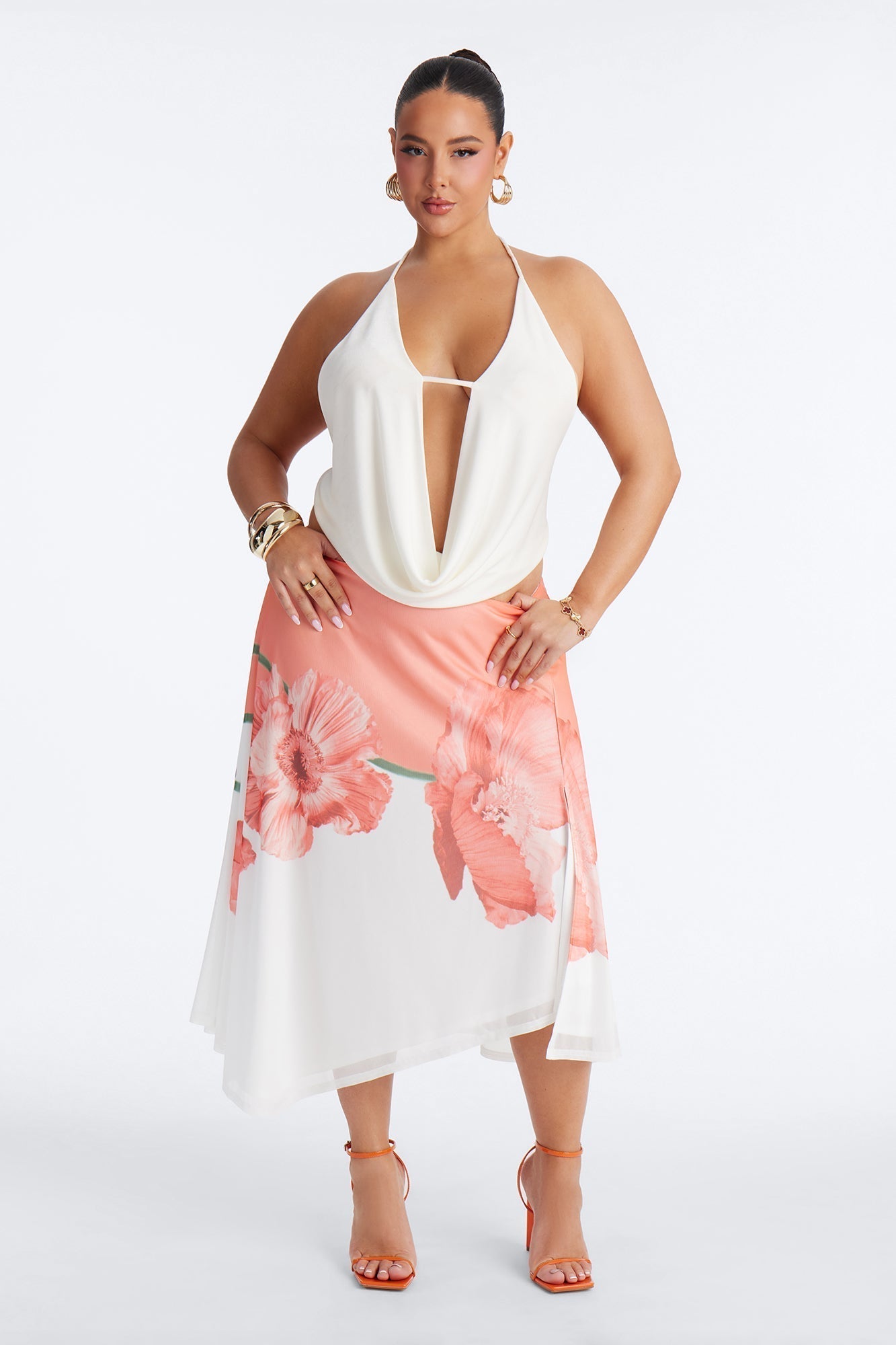 Aelia Floral Asymmetrical Mesh Midi Skirt - Orange/combo