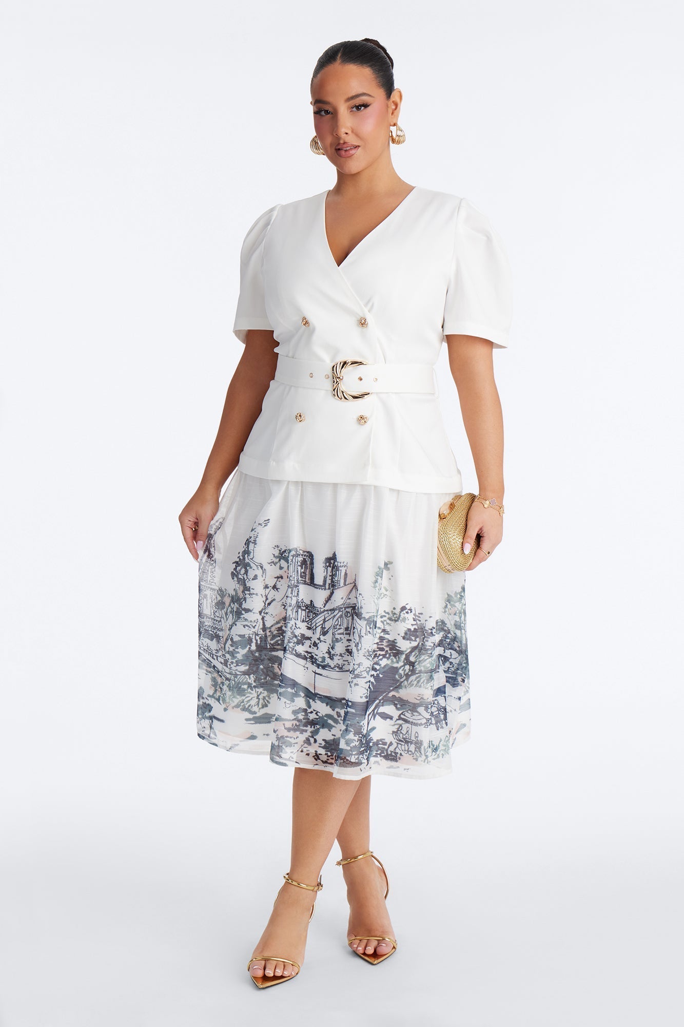Margaret Belted Print Midi Dress - White/Blue