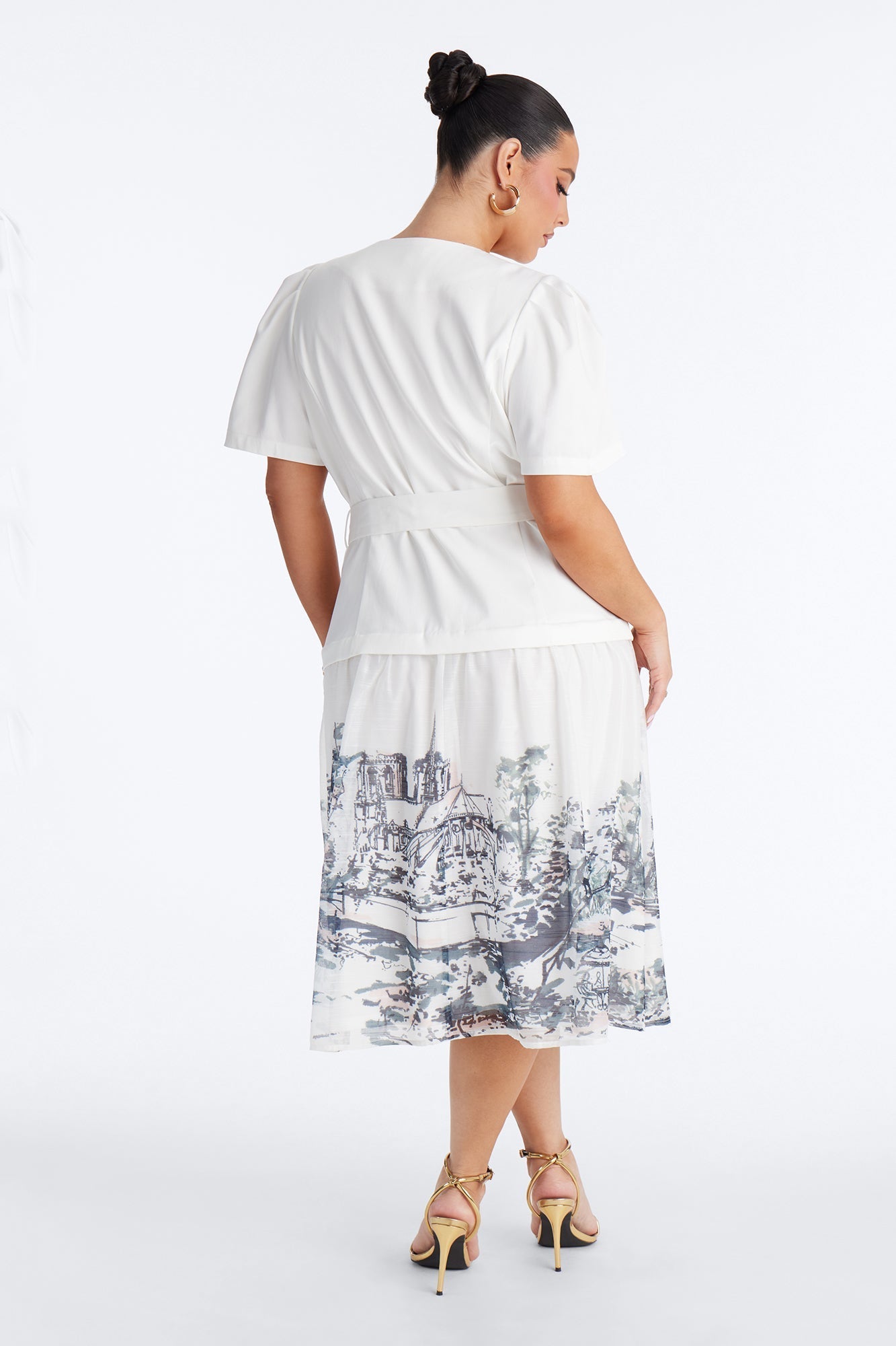 Margaret Belted Print Midi Dress - White/Blue