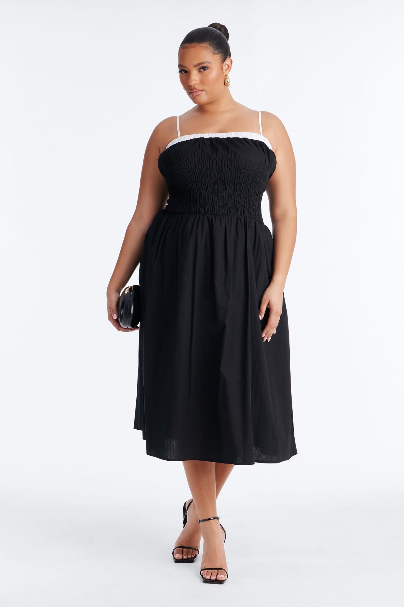 Sabrina Ruched Poplin Midi Dress - Black/White