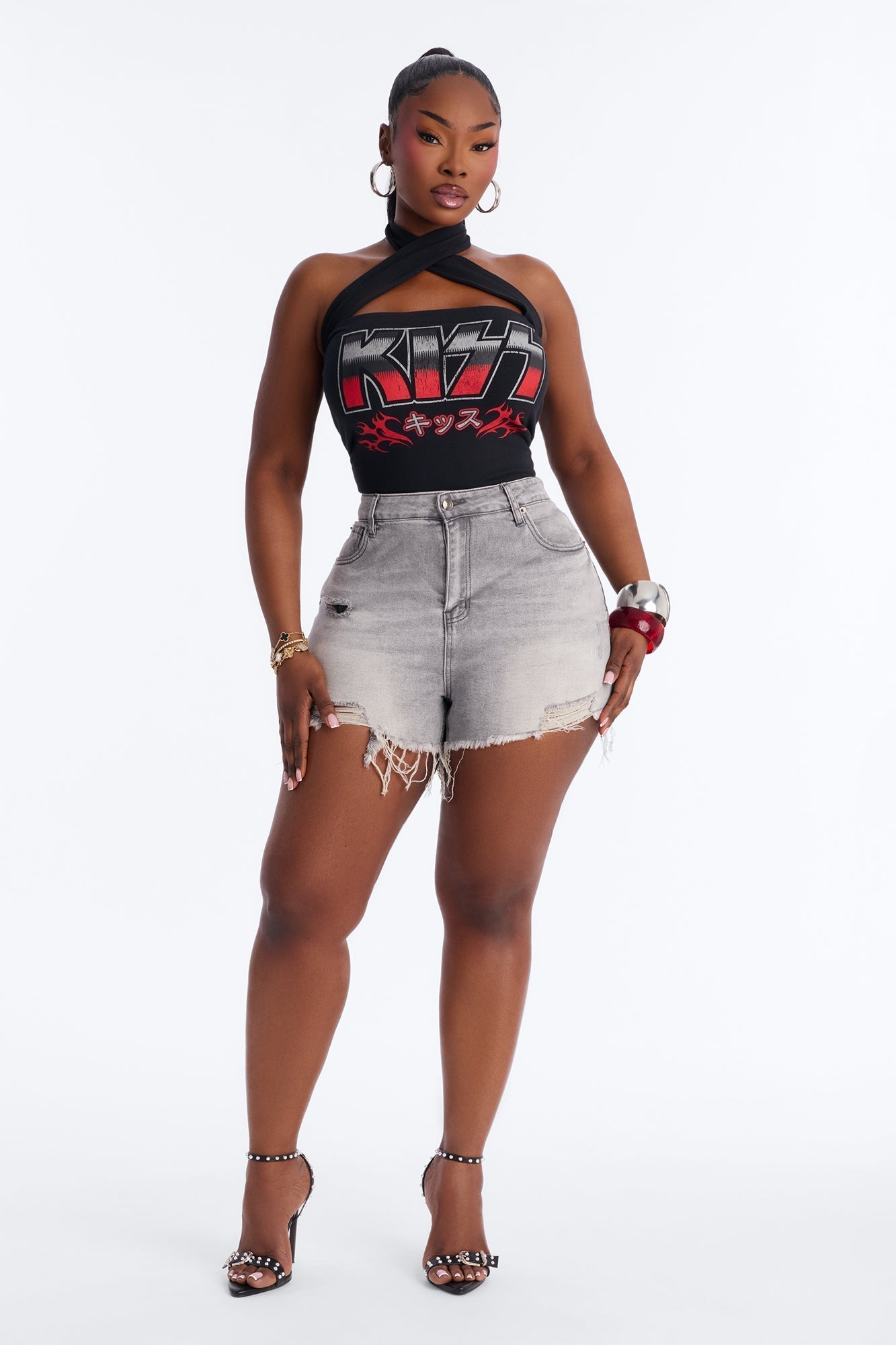 Libby High Rise Ripped Denim Shorts - Grey