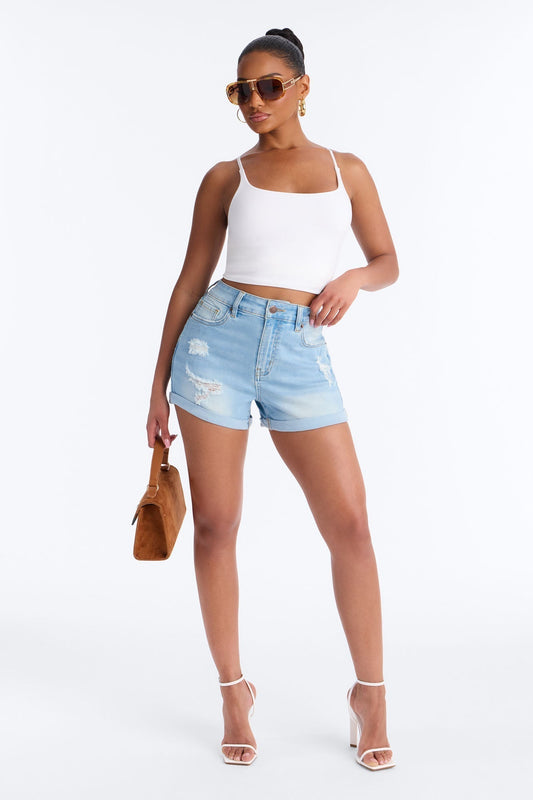 90s Mom Stretch Ripped Denim Shorts - Light Blue Wash