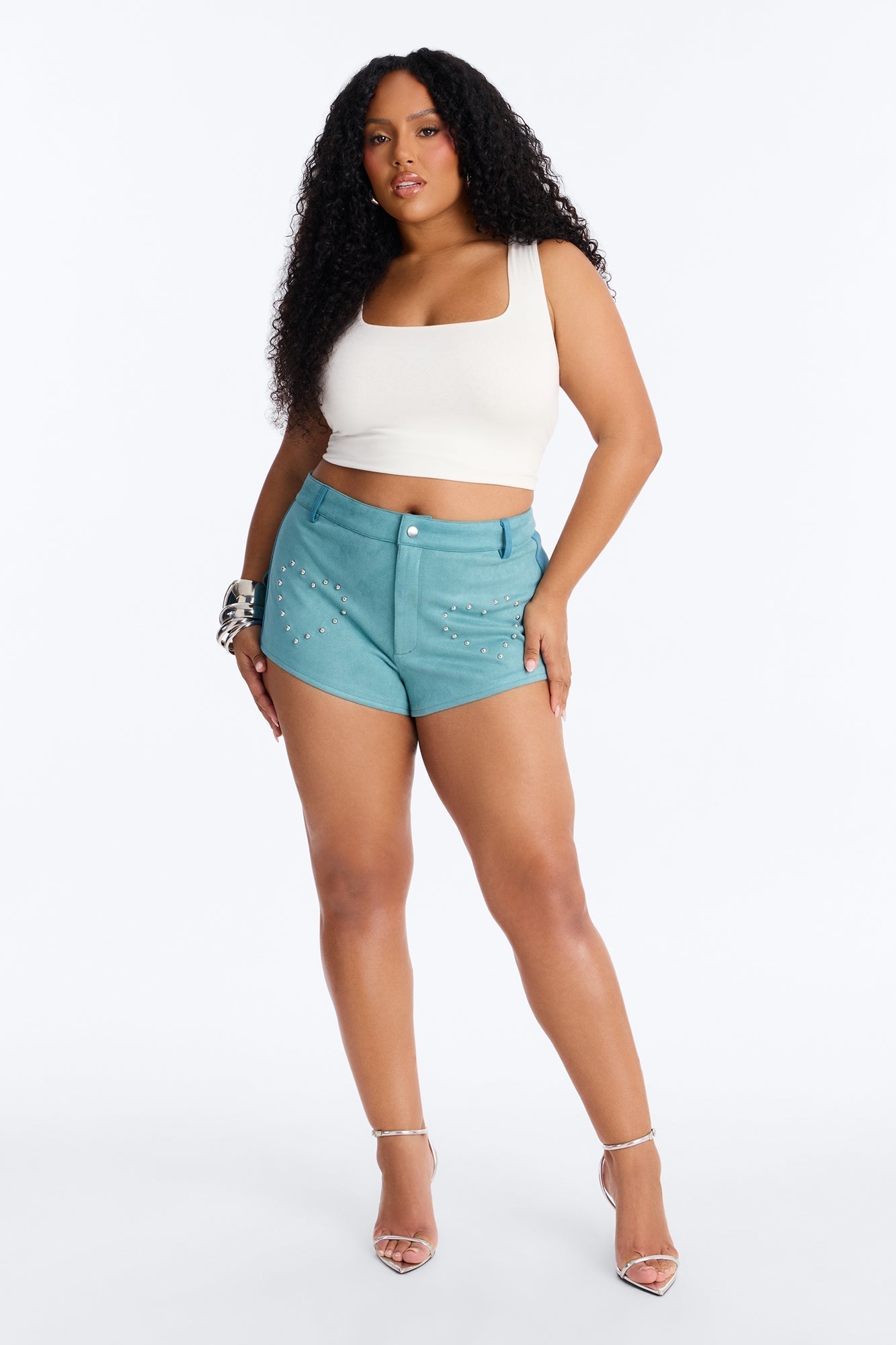 Rodeo Cutie Fringe Studded Faux Suede Hot Short - Turquoise