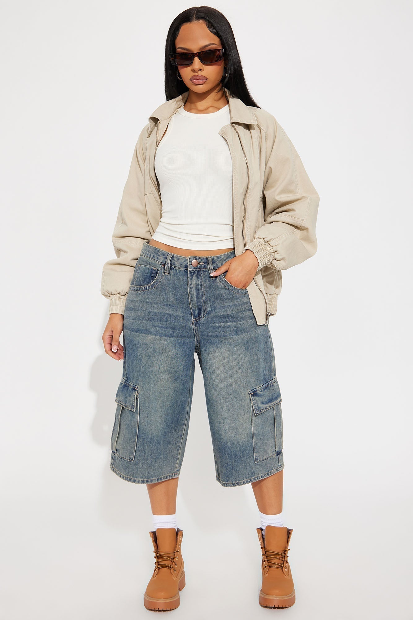 Tell The Truth Relaxed Cargo Denim Jorts - Vintage Wash