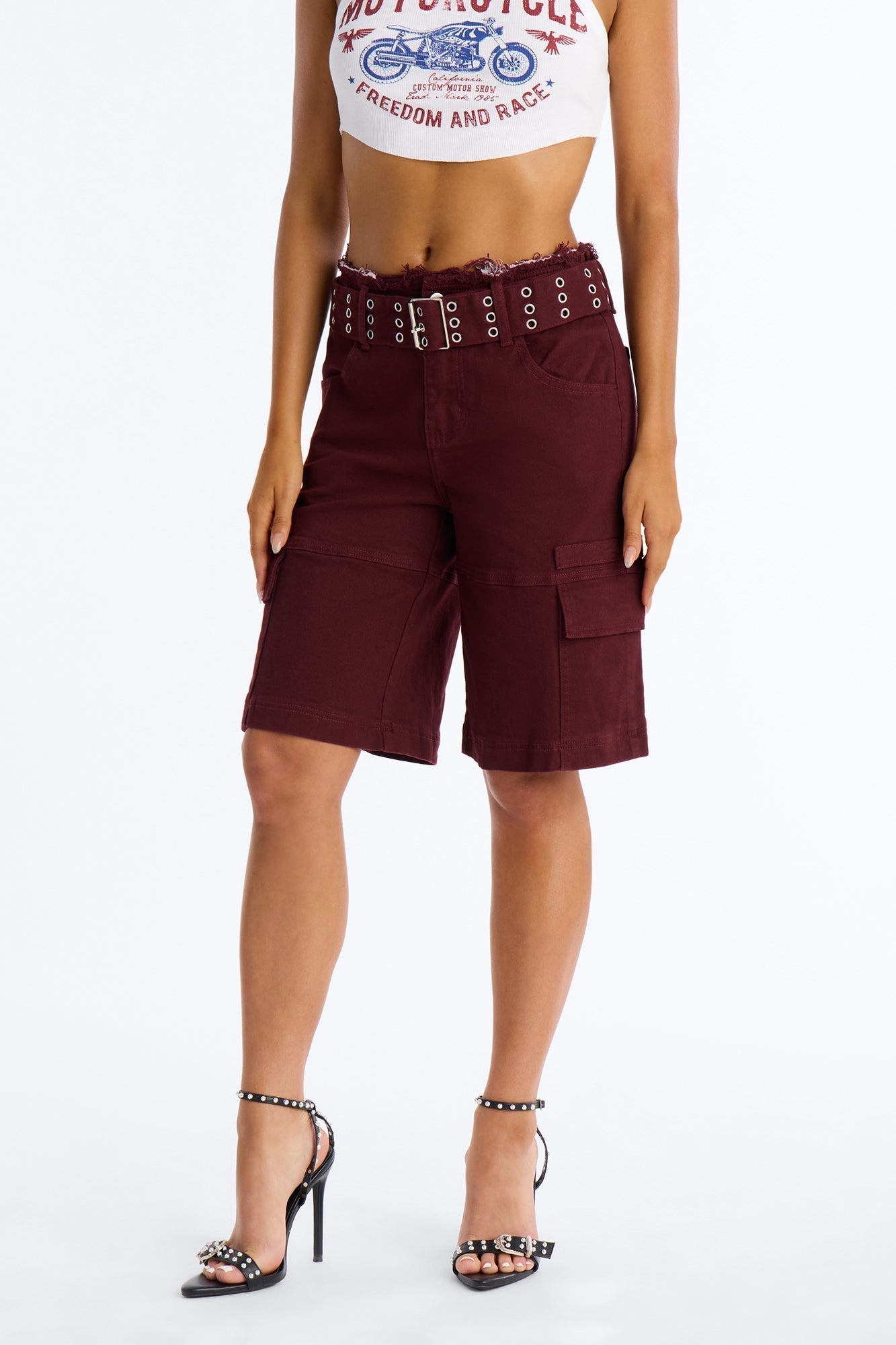 Valerie Cargo Cut Off Waistband Denim Shorts - Wine
