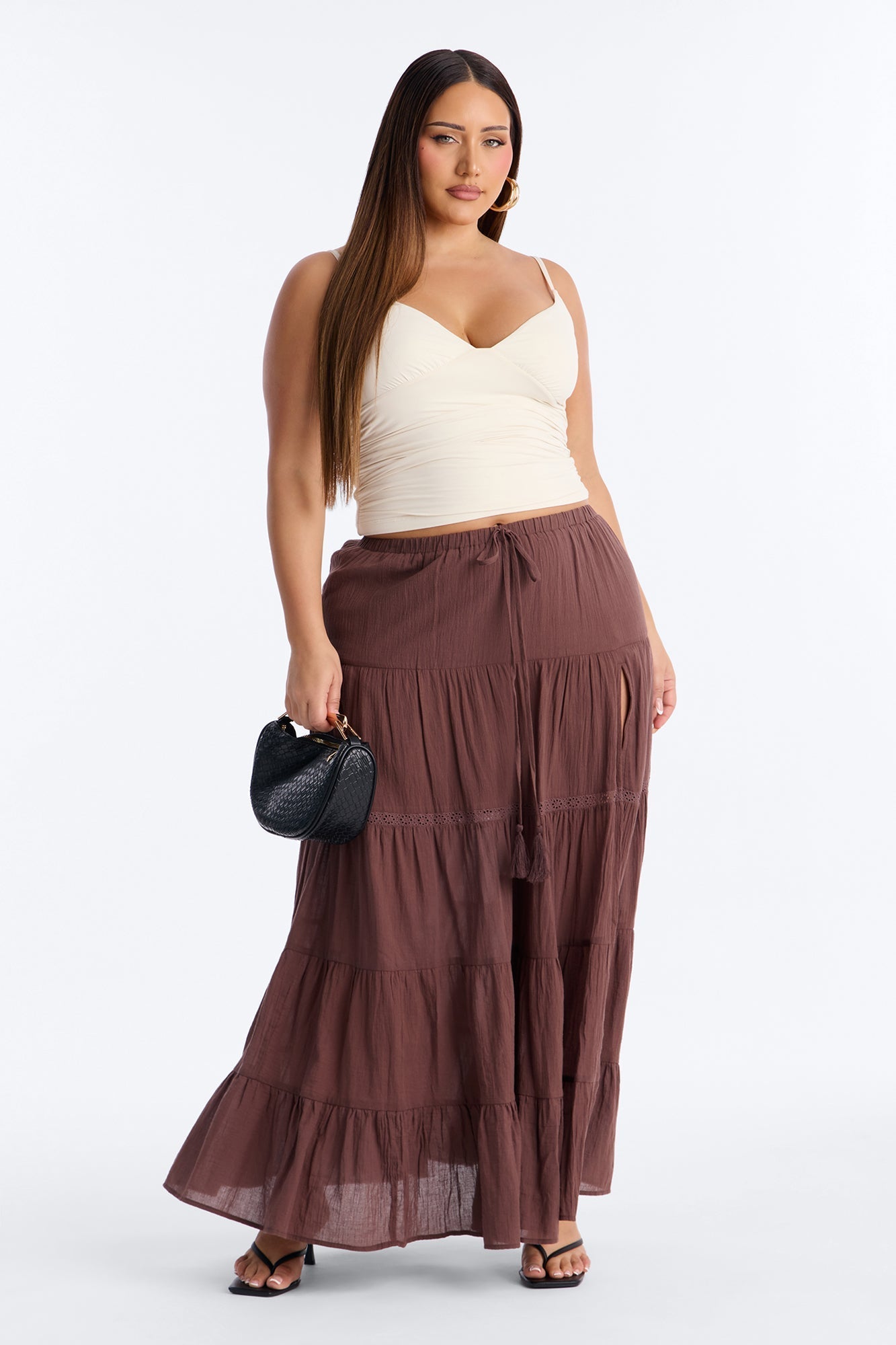 Bohemian High Slit Tiered Gauze Maxi Skirt - Brown