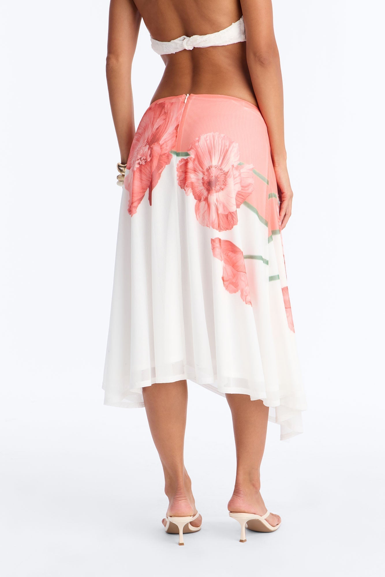 Aelia Floral Asymmetrical Mesh Midi Skirt - Orange/combo