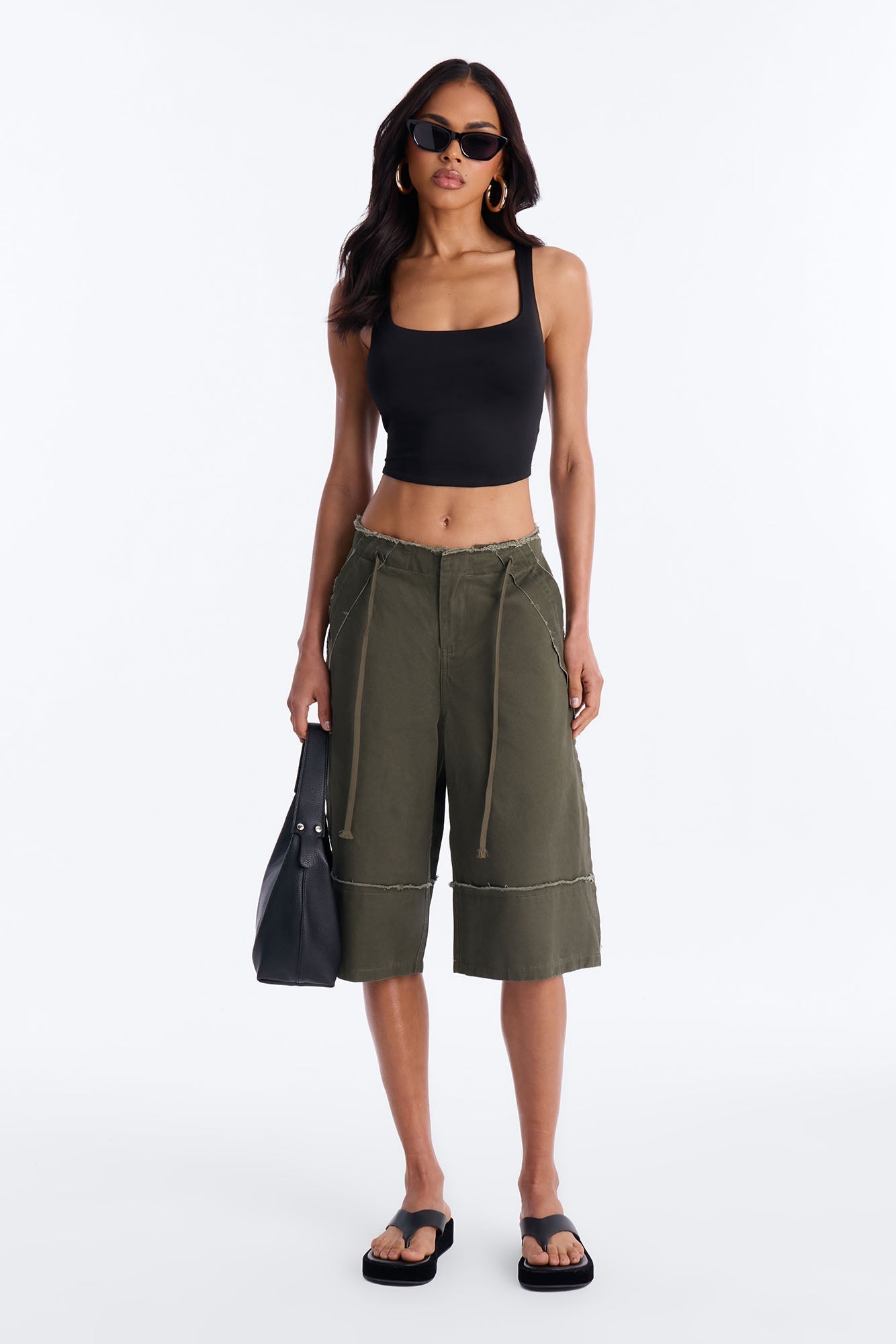 Frankie Distressed Low Rise Bermuda Short - Olive