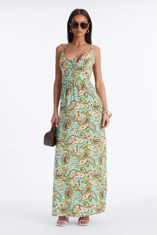 Posie Printed Flowy Maxi Dress - Aqua/Combo