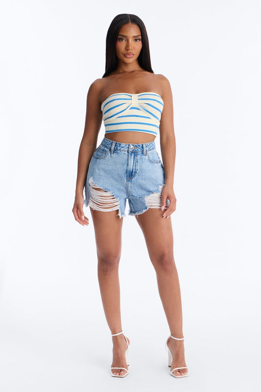 Thoroughfare Ripped Non Stretch Denim Shorts - Light Blue Wash