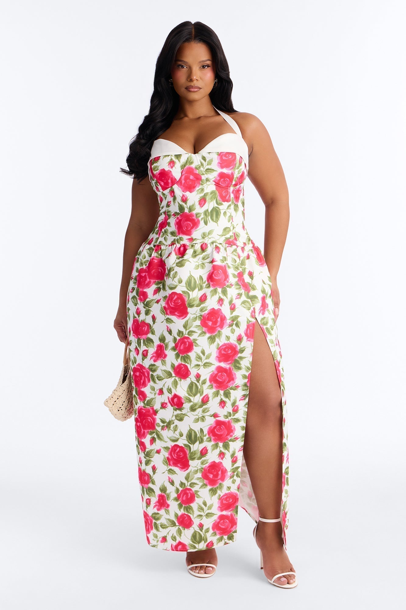 Sweetheart Floral Satin High Slit Maxi Dress - Pink/combo