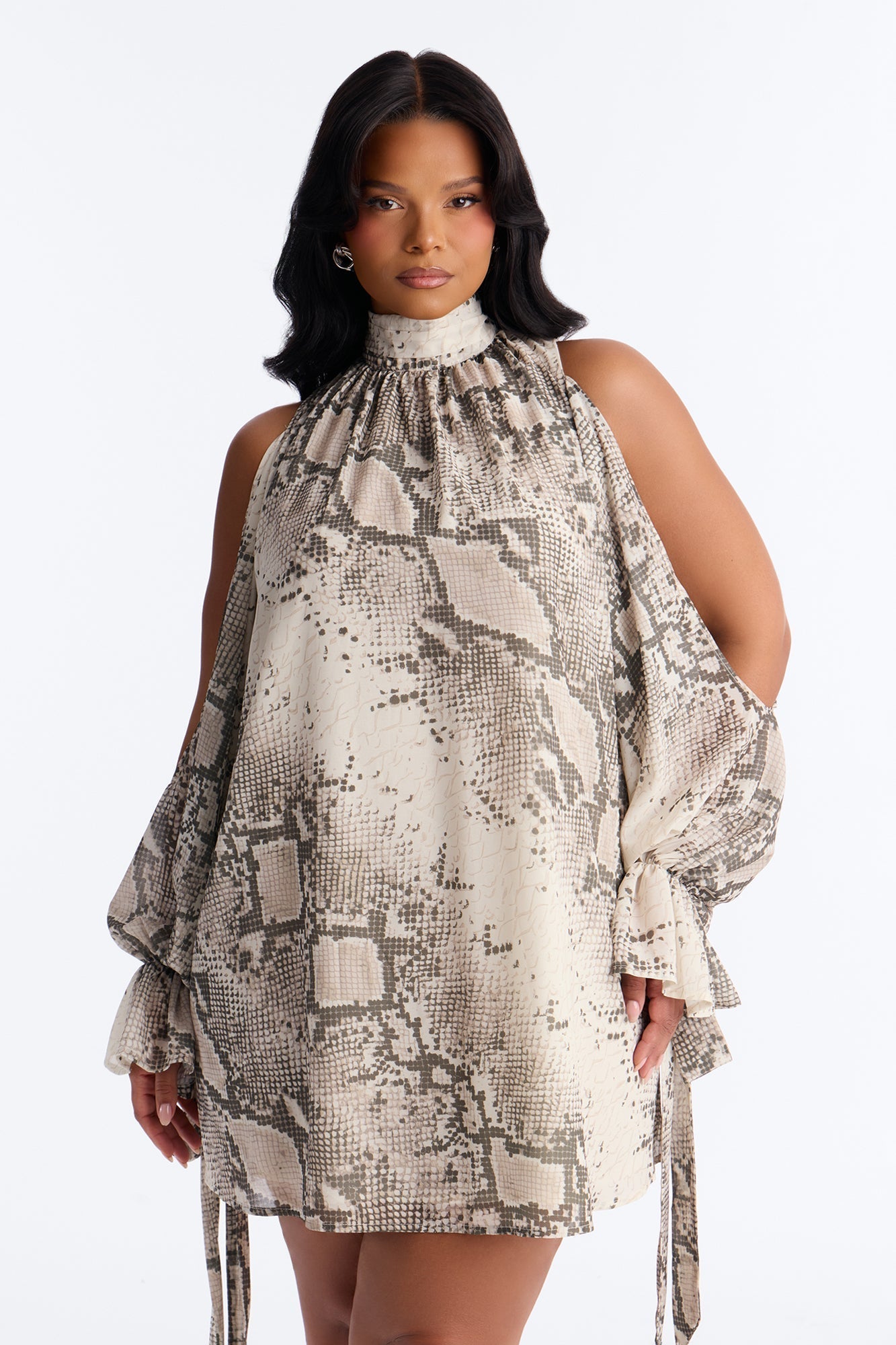 Mila Snake Print Chiffon Long Sleeve Mini Dress - Grey/combo