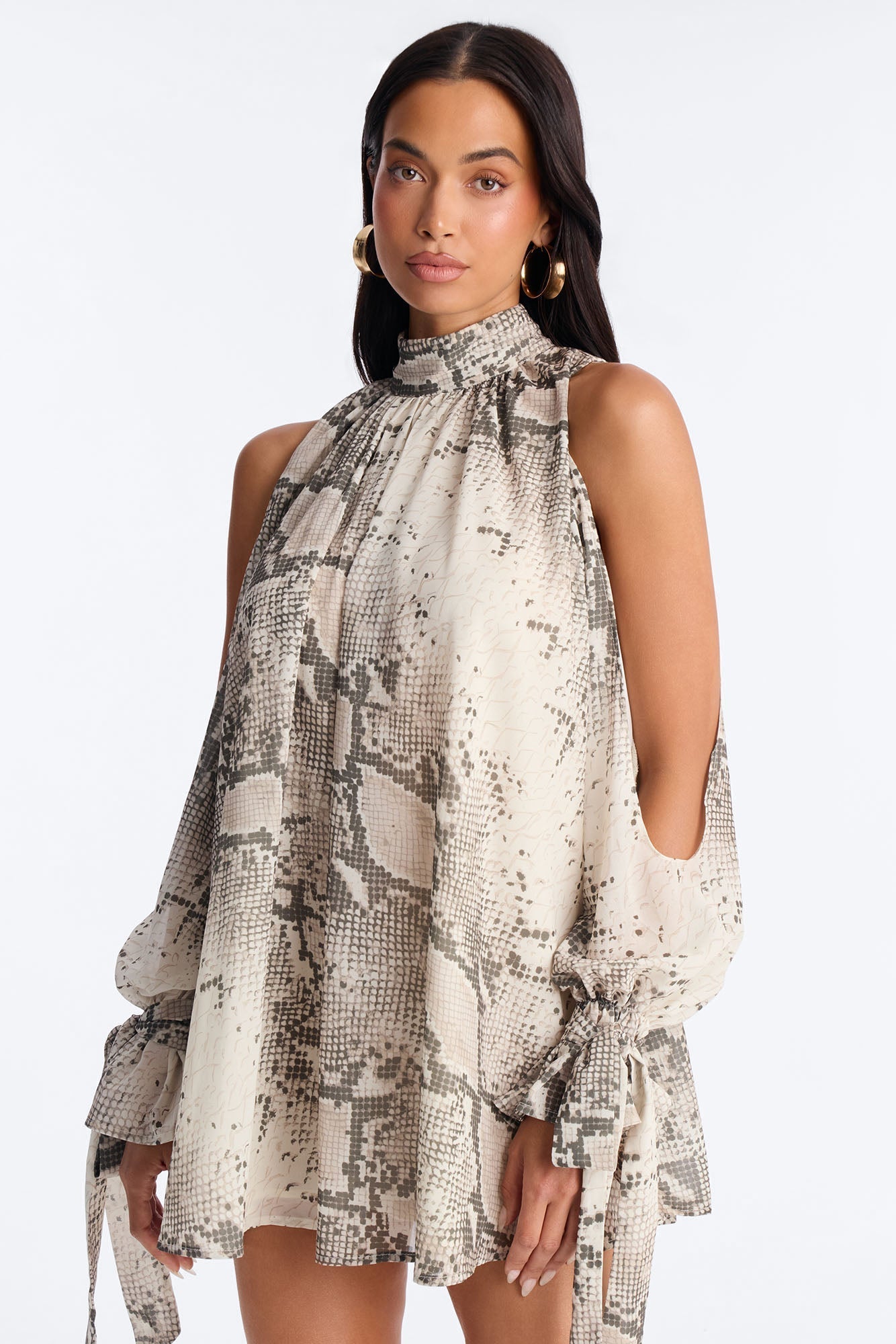 Mila Snake Print Chiffon Long Sleeve Mini Dress - Grey/combo