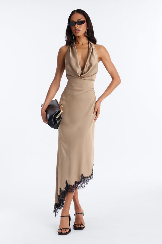 Riley Asymmetrical Satin Maxi Dress - Stone